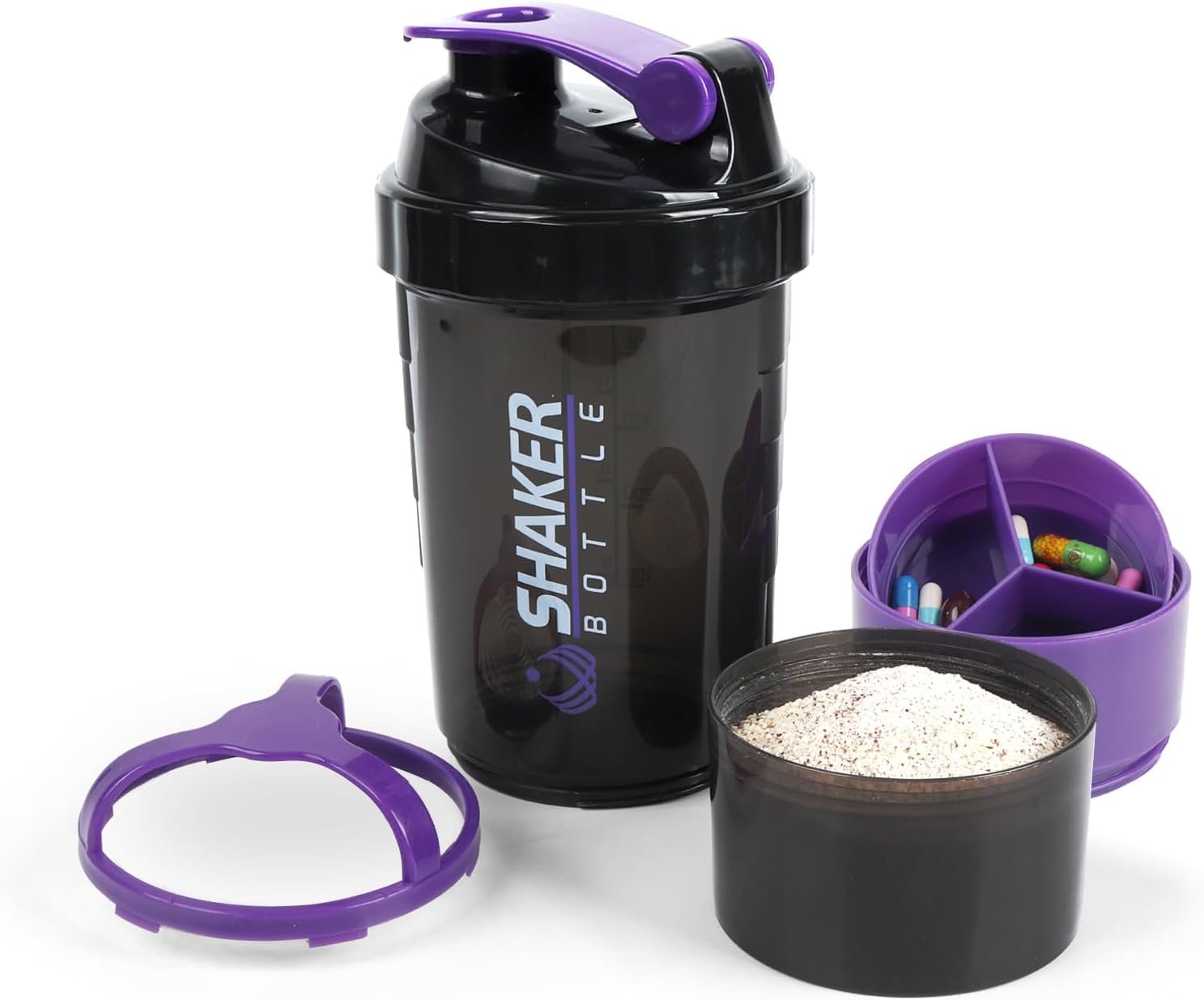 Shaker Bottle – Protein Shaker Cup with Storage Compartments – Leak-proof Workout Shake Bottles with Mixer for Smooth Mixing-500ML/16oz (PURPLE & BLACK)