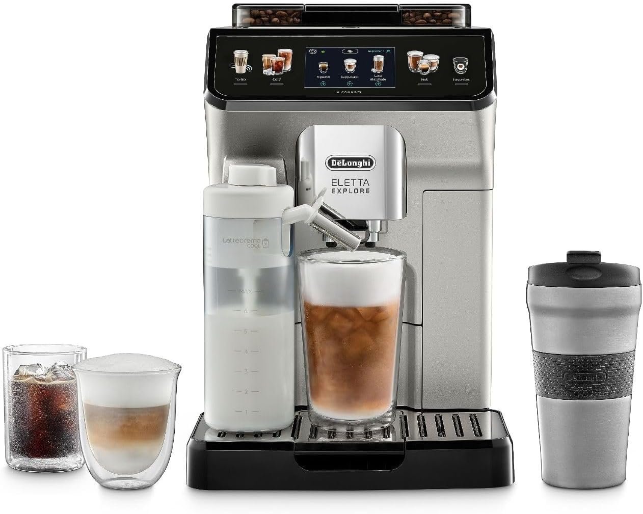 De’Longhi Eletta Explore Espresso Machine with Cold Brew, Hot & Cold Milk Frother – 50+ Recipes, Built in Grinder, Smartphone Compatible with Bean Adapt Technology for Ideal Extraction, 3.8 Pounds