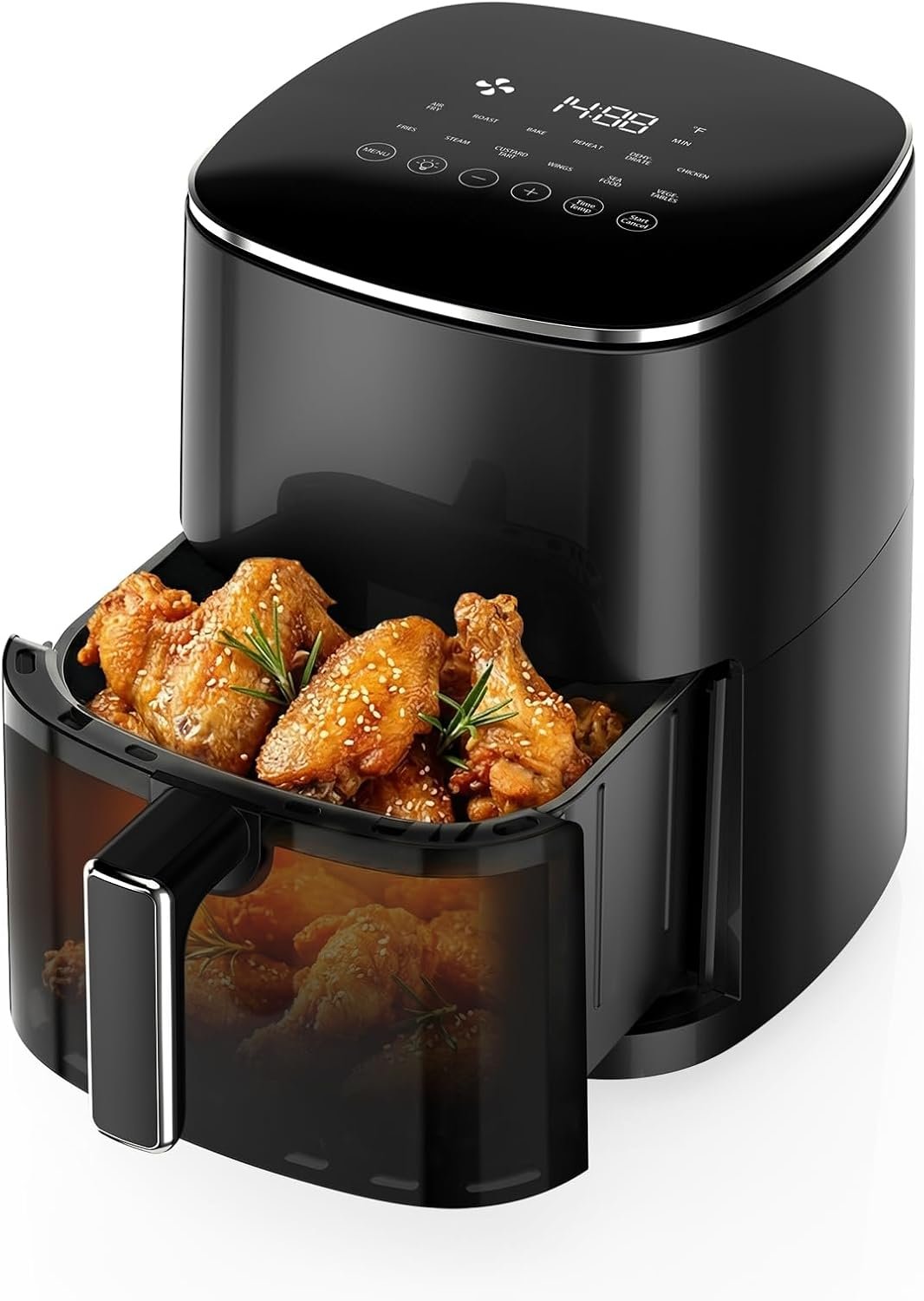OLIXIS 12-in-1 Air Fryer 6.34 Quarts, Visable Airfryer with Window, 400°F, Roast, Reheat, Dehydrate, Bake, Steam, Fries, Custard, Chicken, Wings, Sea Food, Vegetabels, Modern Black