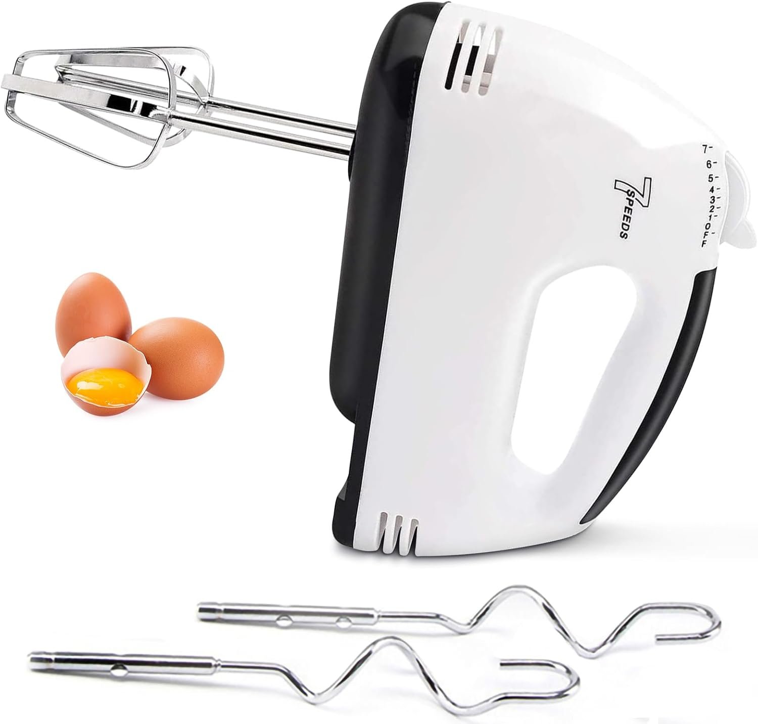 Electric Hand mixer – 7 Adjustable Speed 180W Handheld Mixer Electric Whisk with 5 Stainless Steel Accessories, Turbo Boost/Self-Control Speed + Eject Button Food Beater for Cakes Eggs, Off-white