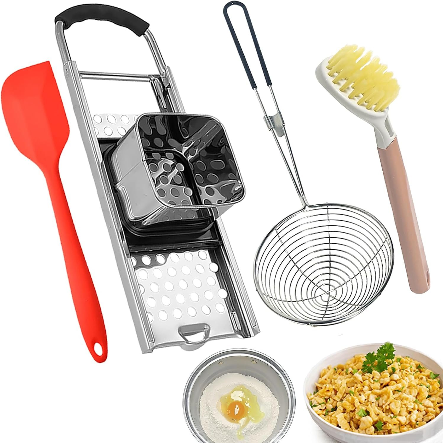 Premium Grade Stainless Steel Spaetzle Maker with Anti-slip Rubber Handle, Spider Strainer Skimmer, Silicone Scraper and Plastic Brush, Homemade German Egg Noodle Dumpling Making Tool Set