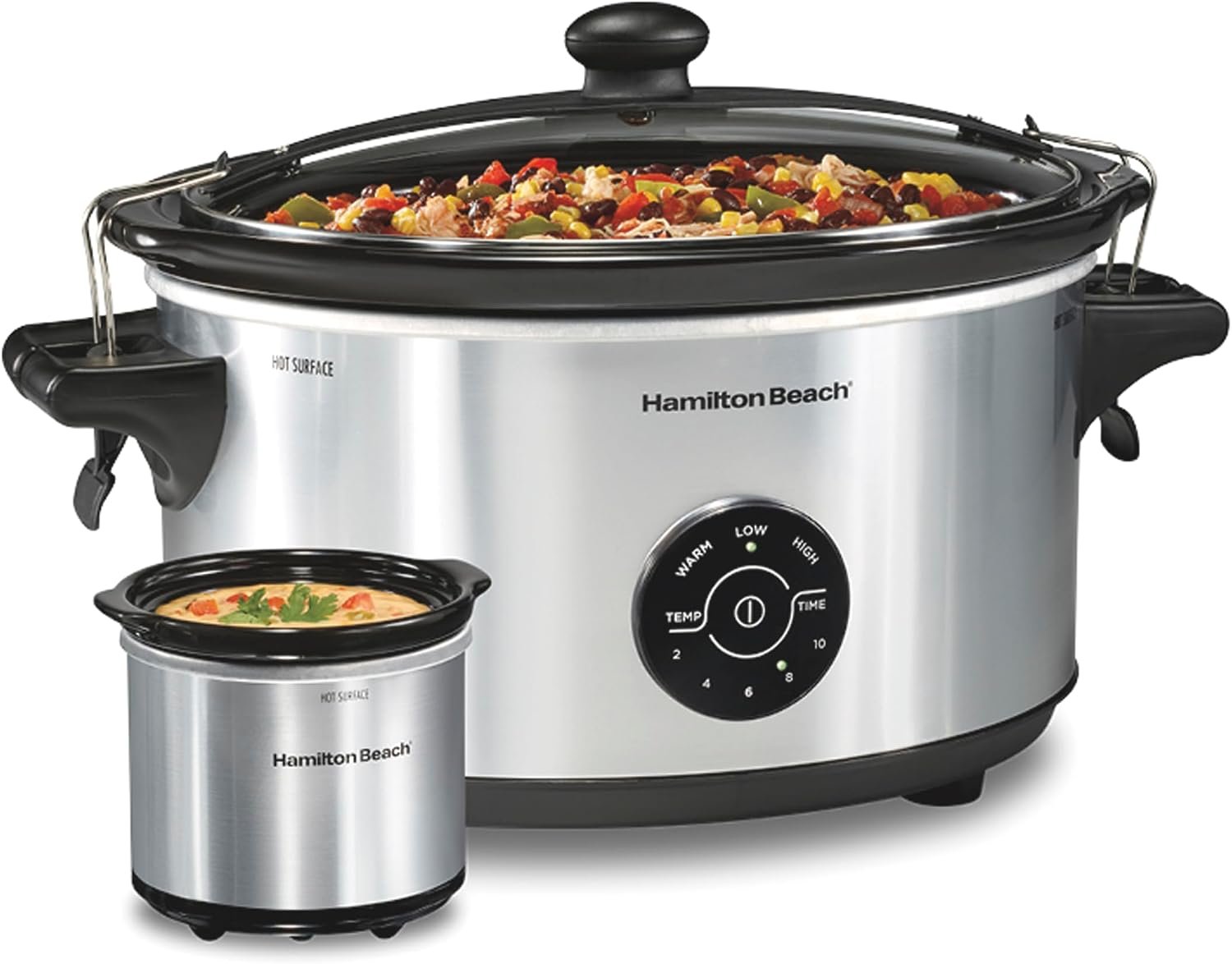 Hamilton Beach 7 Quart Stay or Go Portable Programmable Slow Cooker, 15 Cooking Options, Large Dishwasher Safe Stoneware Crock, Clip-Tight Glass Lid For Easy Travel, 20 oz Party Dipper, Silver (33772)