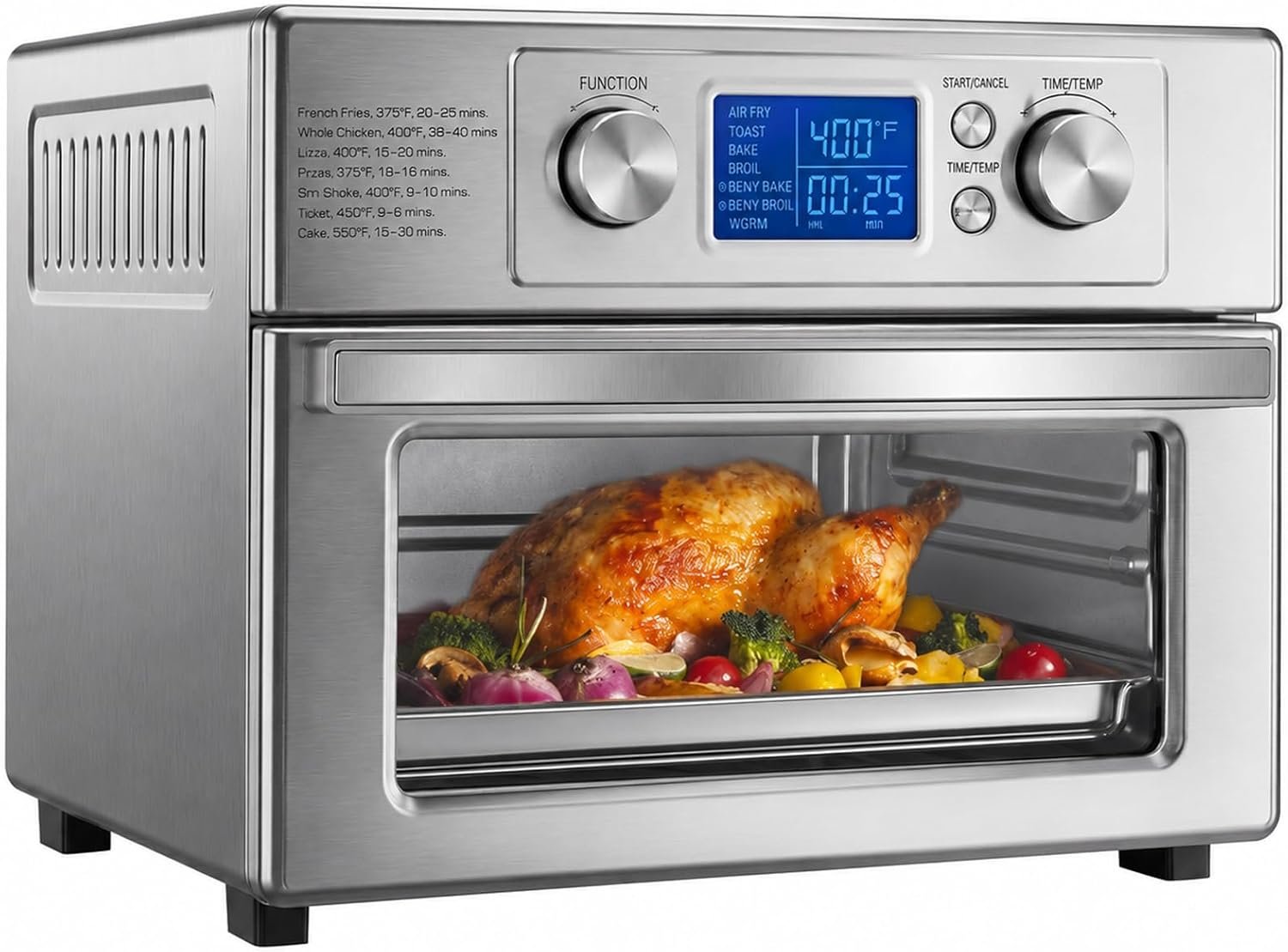 DUMOS Air Fryer Toaster Oven Combo, 23QT Toaster Ovens Countertop, 180–450°F Adjustable Temp, 60-Min Auto-Off Timer, 4-in-1 Air Fry, Toast, Broil & Bake, Stainless Steel, Accessories Included