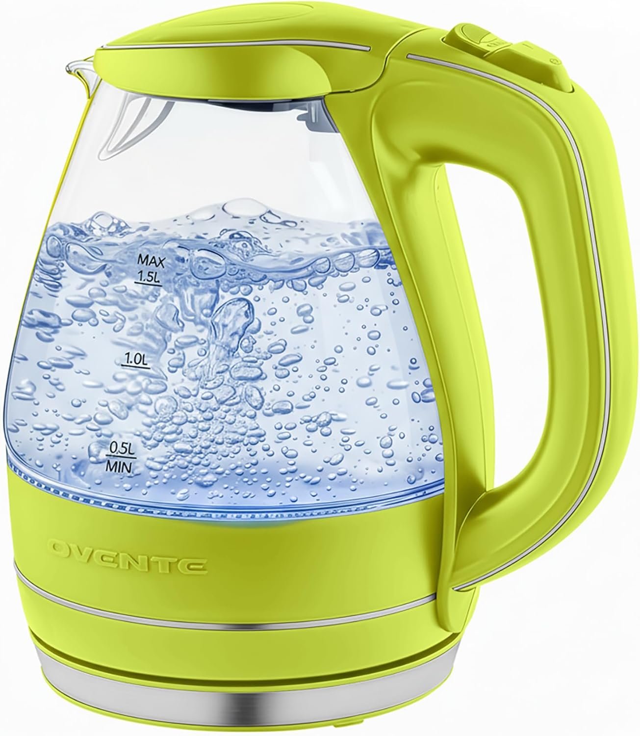 OVENTE Electric Kettle, 1.5L Borosilicate Glass Countertop Water Heater and Boiler for Coffee or Tea, BPA-Free, Auto Shut-Off, Boil-Dry Protection, Removable and Washable Spout Filter, Green KG83G