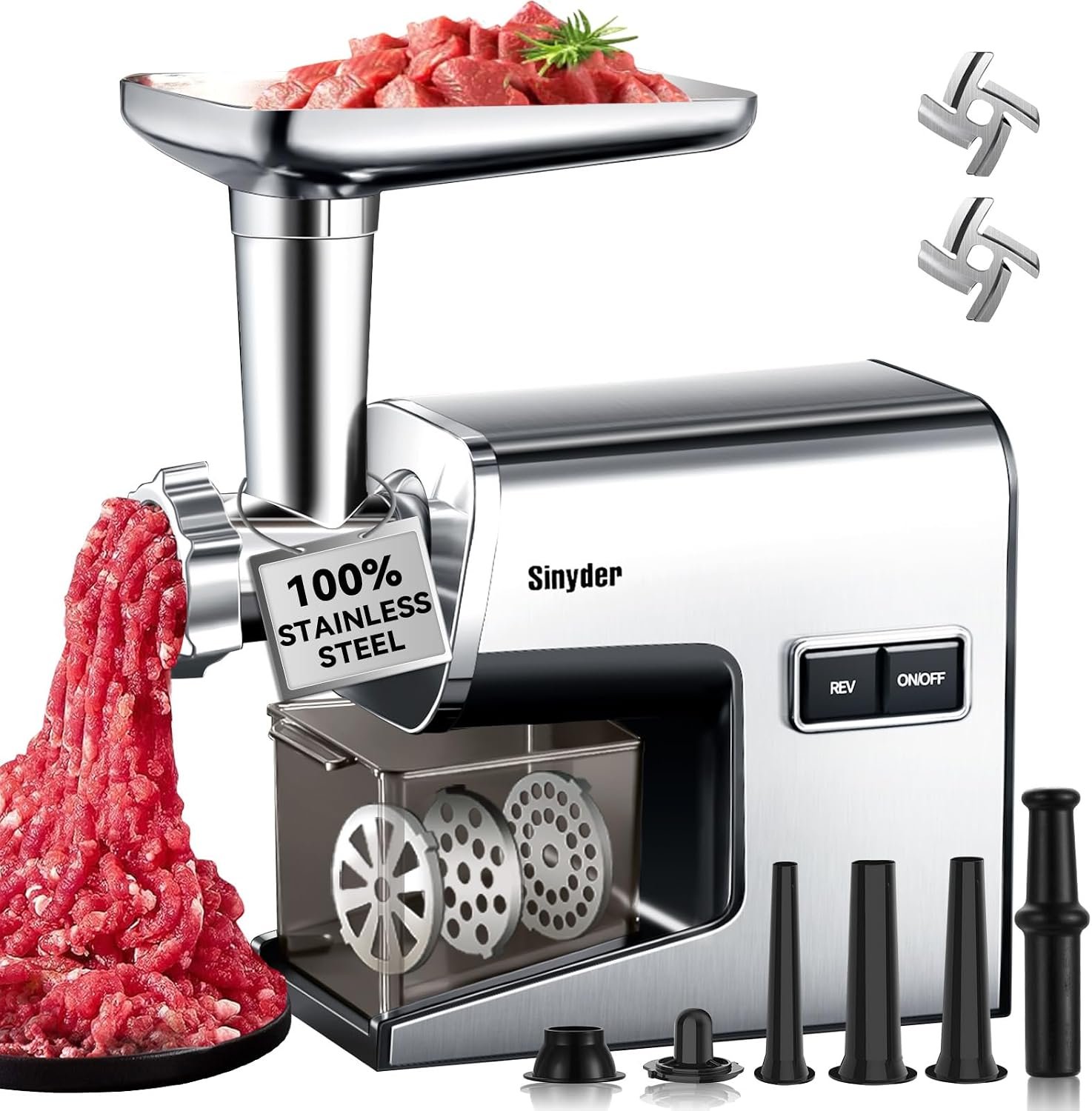 Electric Meat Grinder,3000 Max 304 Stainless Steel Meat Mincer Accessories with 2 Blades,3 Grinding Plates,3 Sausage Stuffer Tubes & Kubbe Kit for Home & Kitchen Use
