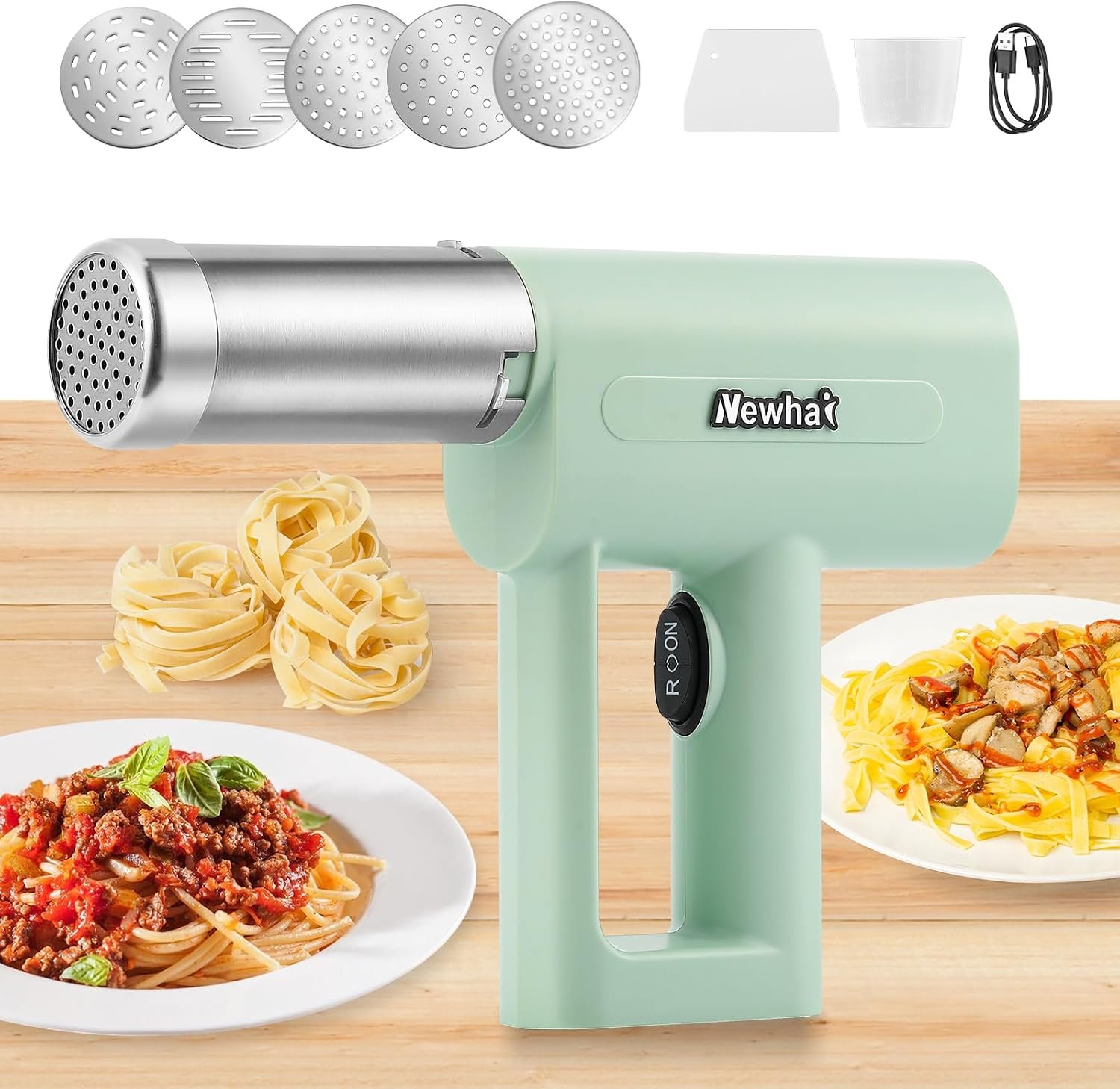 Newhai Handheld Pasta Maker, 5-in-1 Cordless, 5 Shaping Discs | 20s Fast Noodle, Round/Wide/Thin/Flat Noodles, Portable, Easy Clean, One-Button Operation, for Home & DIY, USB Charging