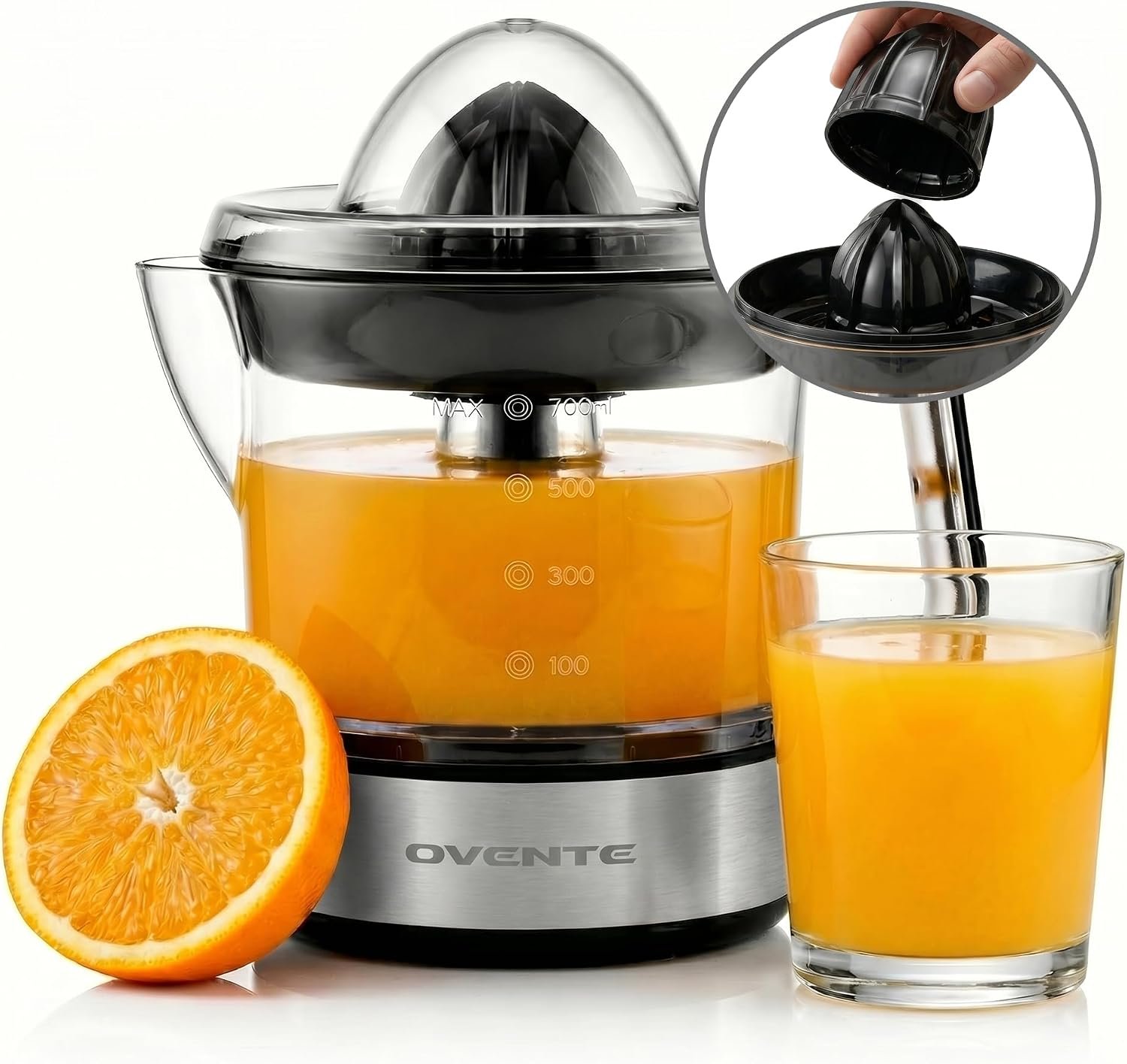 OVENTE Electric Citrus Juicer Machine with 2 Cones for Big and Small Fruit, Pressure Activated, Pulp Control and Easy Pour Spout, Juice Squeezer for Orange, Lemon, Lime or Grapefruit, Black JE2572B