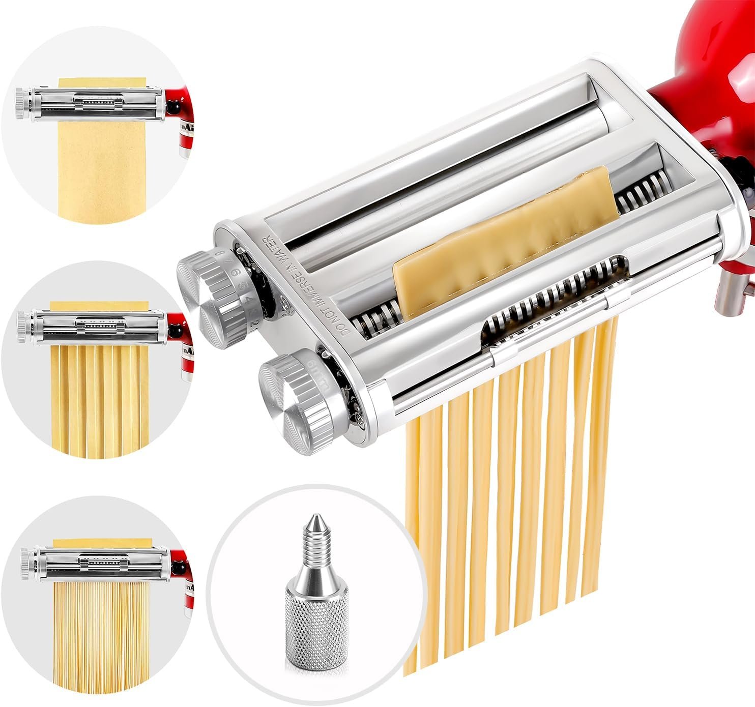 Pasta Maker Attachment for KitchenAid Stand Mixers, 3-in-1 Stainless Steel Pasta Roller & Cutter Set with Spaghetti and Fettuccine Blades, Includes 1 Metal Knob Screw Replacement