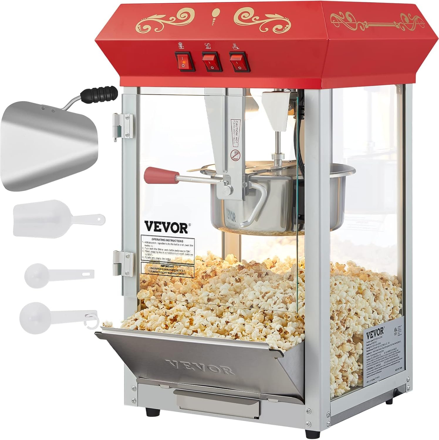 VEVOR Commercial Popcorn Machine, 8 Oz Kettle, 850 W Countertop Popcorn Maker for 48 Cups per Batch, Theater Style Popper with 3-Switch Control Steel Frame Tempered Glass Doors 2 Scoops 2 Spoons, Red | 48 Cups per Batch, Theater Style Popper with 3-Switch Control Steel Frame Tempered Glass Doors 2 Scoops 2 Spoons, Red