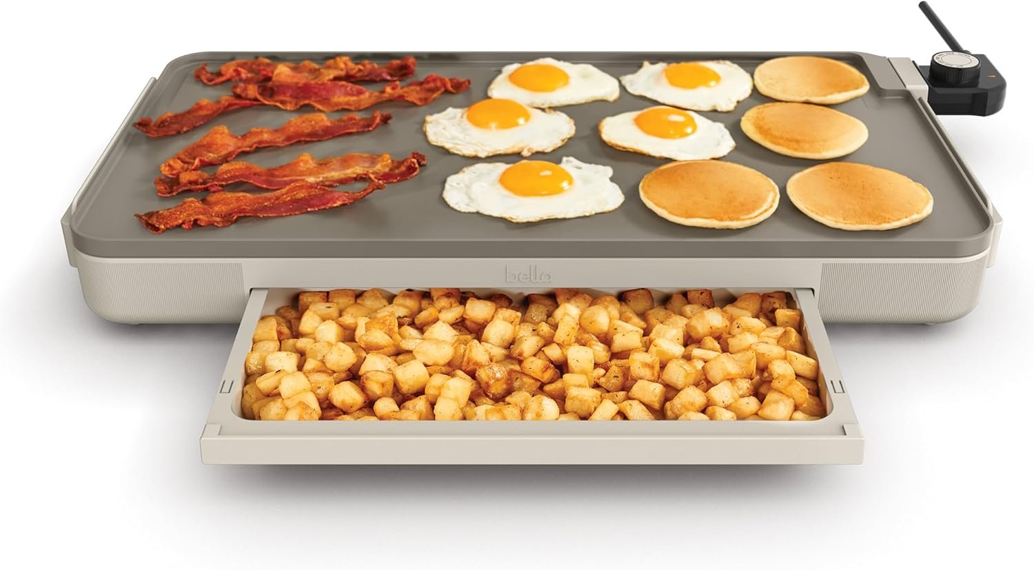 bella 12″ x 22″ Electric Griddle with Warming Tray, EverGood™ Ceramic Nonstick Coating & Removable Temperature Probe, Dishwasher-Safe Drip Tray & Cool Touch Handles, 1500 Watt, Oatmilk