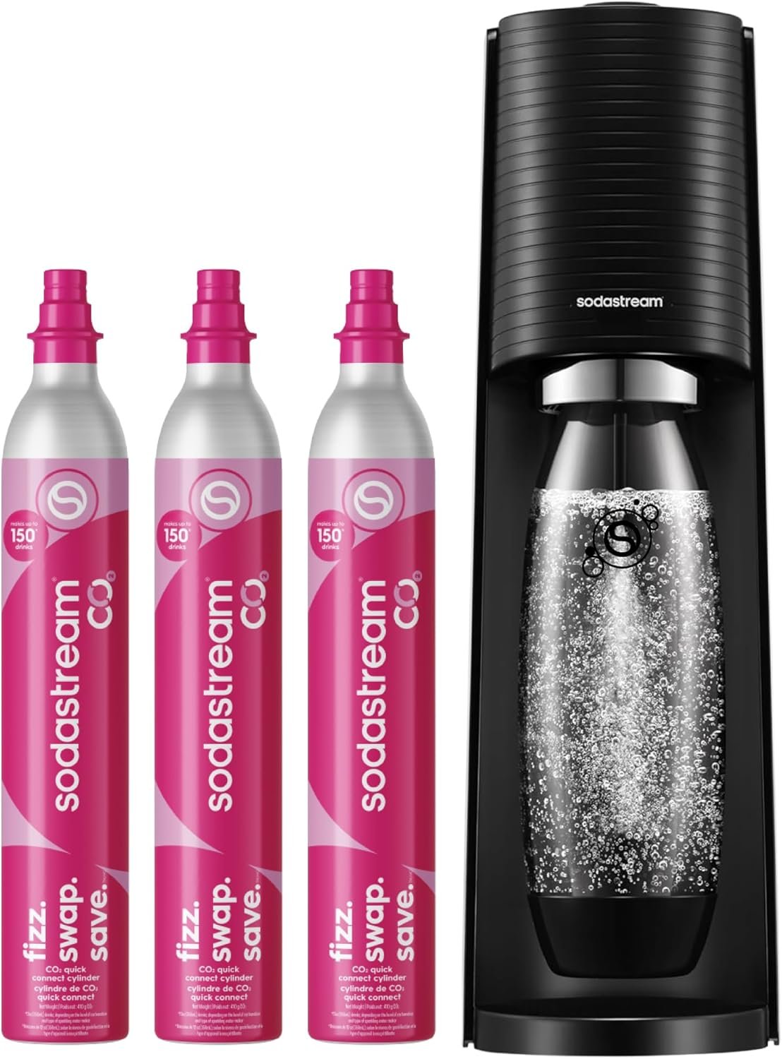 SodaStream TERRA Sparkling Water Maker, CO2 Bundle, CQC CO2 System, Includes 3 Quick Connect 60L CO2 Cylinders, 1 Dishwasher Safe BPA Free Bottle, Make your own Pepsi, Black