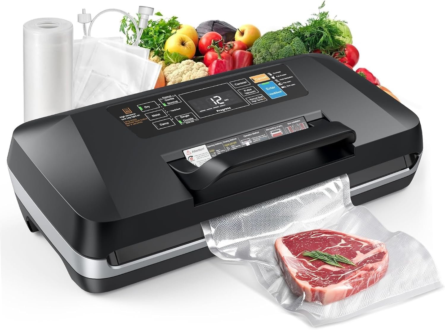 Upgraded Vacuum Sealer Machine – 10-in-1 Food Sealer with Double Heat Seal, 230W 95KPa Powerful Sealer with Easy-Lock Handle, Hose, Built-in Cutter & Bag Storage + Bags (1 Roll + 10 Pre-cut)