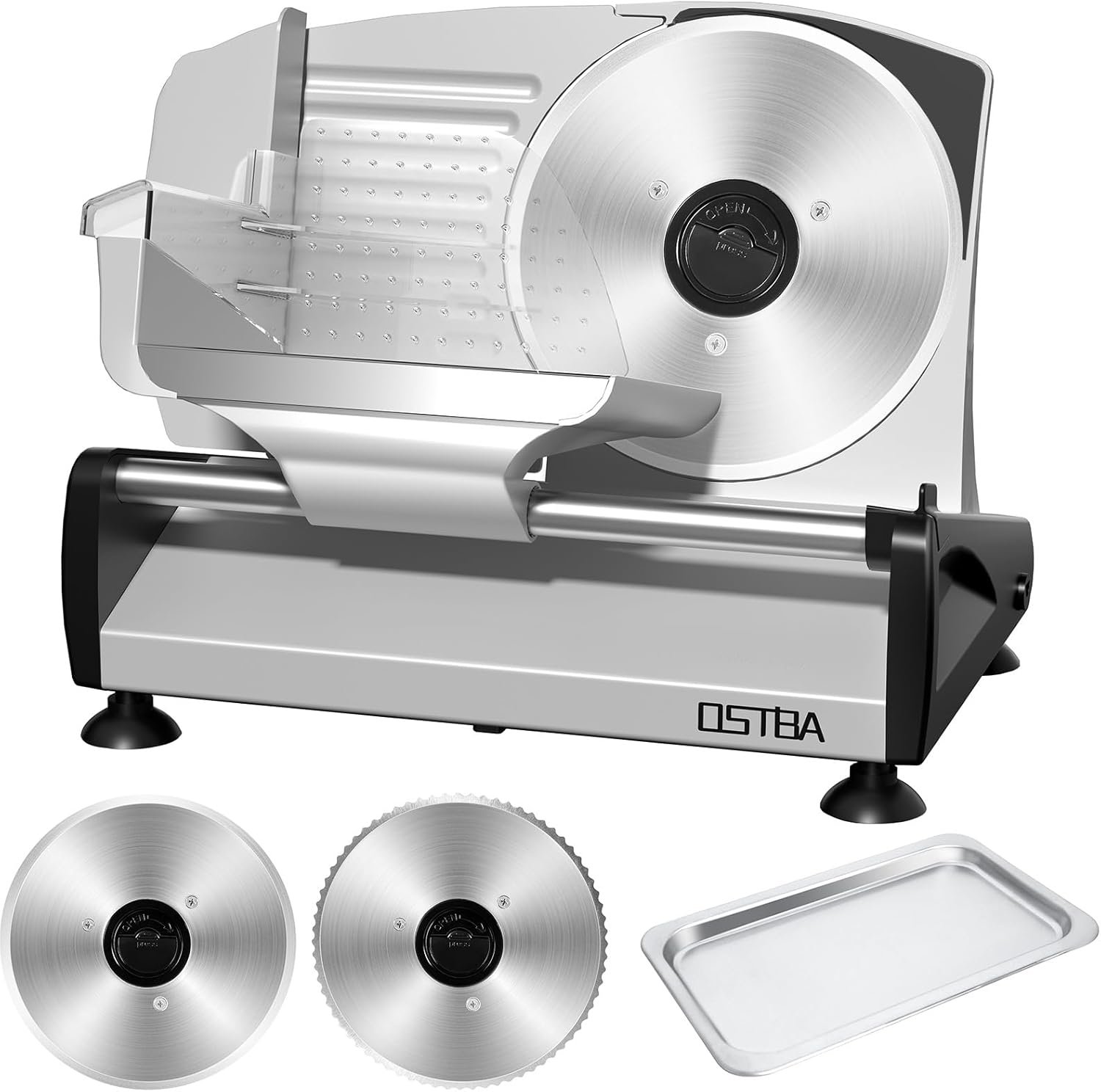 OSTBA Meat Slicer with Quiet DC Motor, 200W Electric Deli Slicer, Dual 7.5” Stainless Steel Blades, 0-15mm Adjustable Thickness, Easy to Clean, Ideal for Meat, Cheese, Bread, and Vegetables