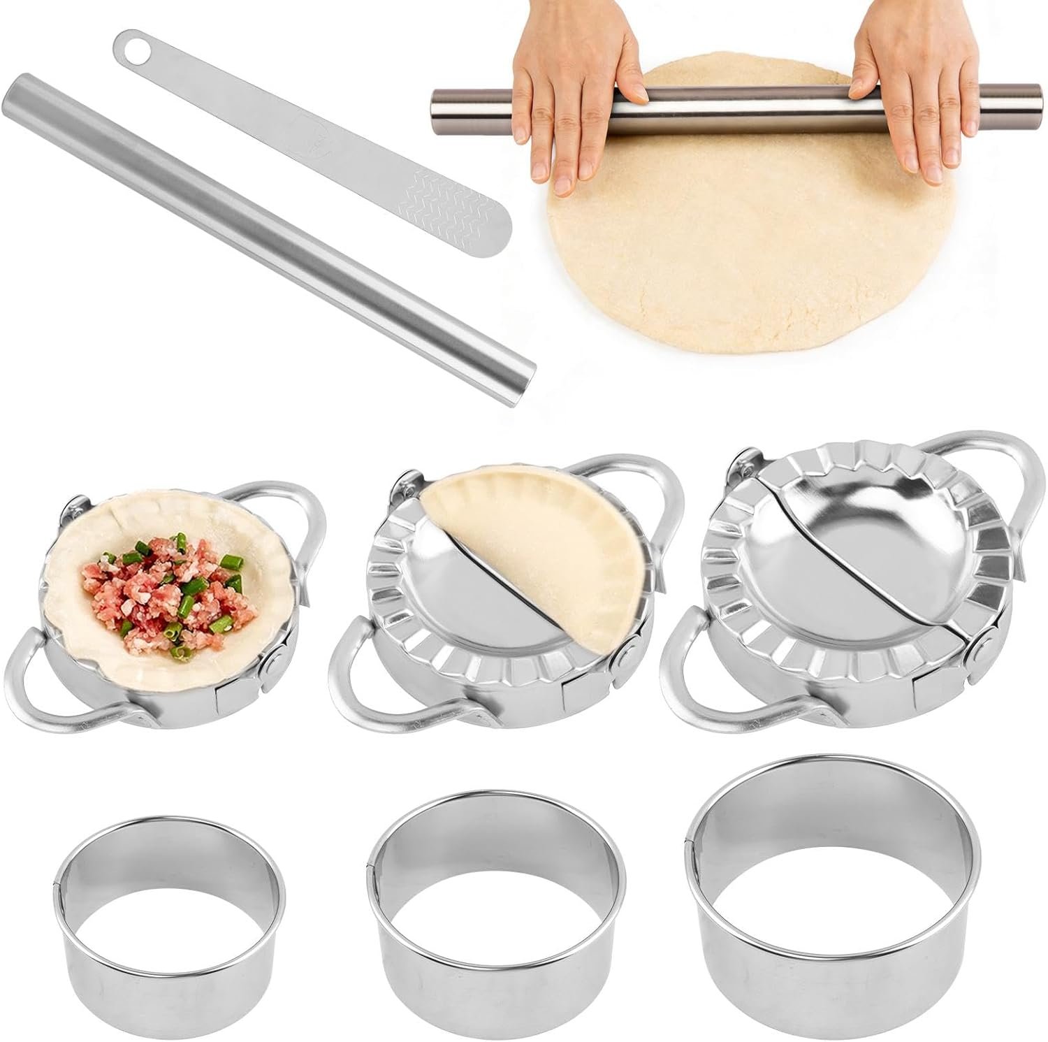 Stainless Steel Dumpling Maker Set, 3 Dumpling Maker Press + 3 Dough Cutter + 1 Stuffing Scoop +1 Rolling Pin, Easy tool for Dumpling-Wrapper Dough Stamp Cutter Pastry Pie Making(COLOR:Silver)