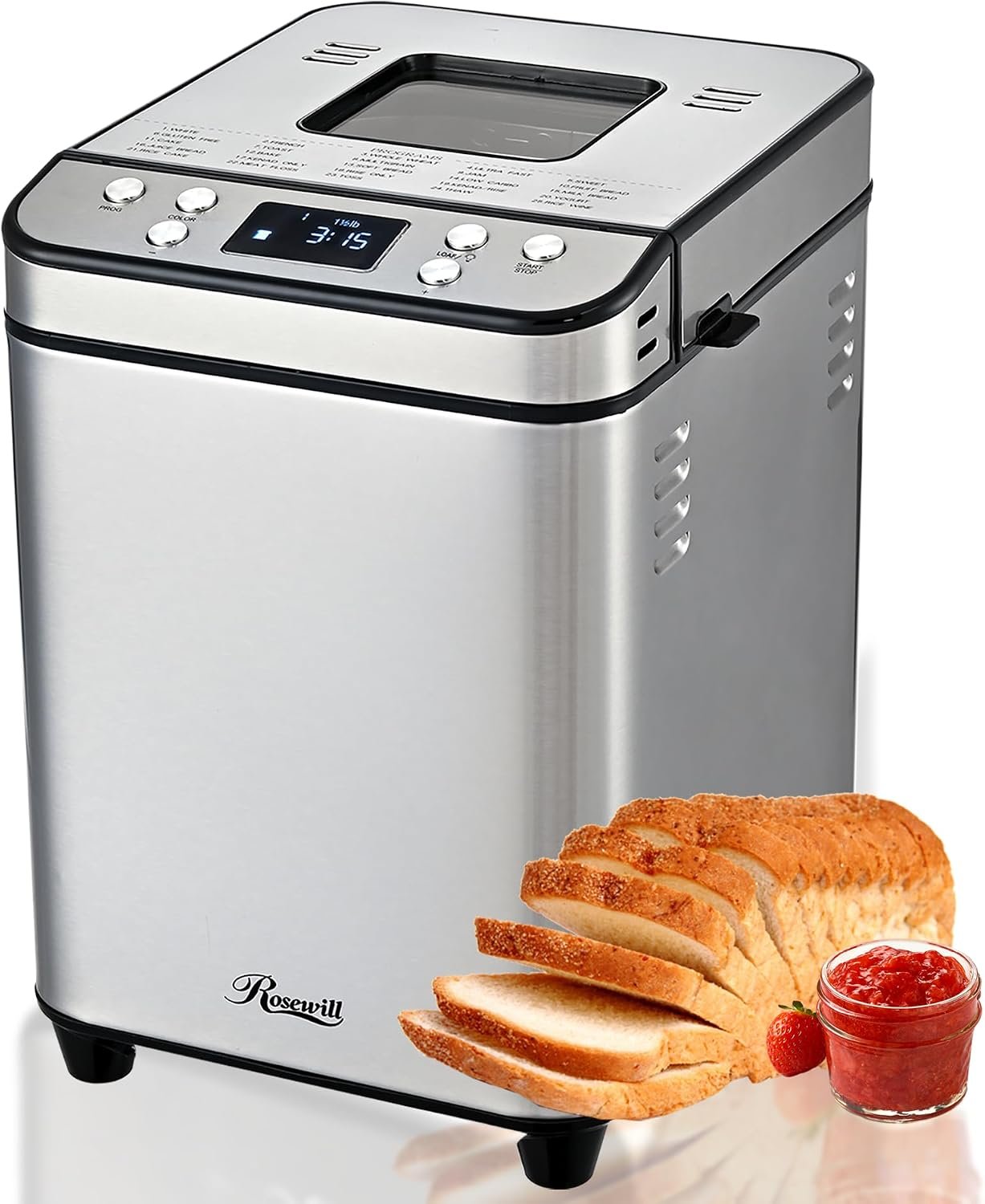 Rosewill 25-in-1 Automatic Bread Maker Machine with 3 Loaf Size up to 2 Lb, 700W High Power Dual Heater Bread Maker with BPA-free Nonstick Coating Pan, Max 15 Hours Delay Timer, Low Noise – Silver