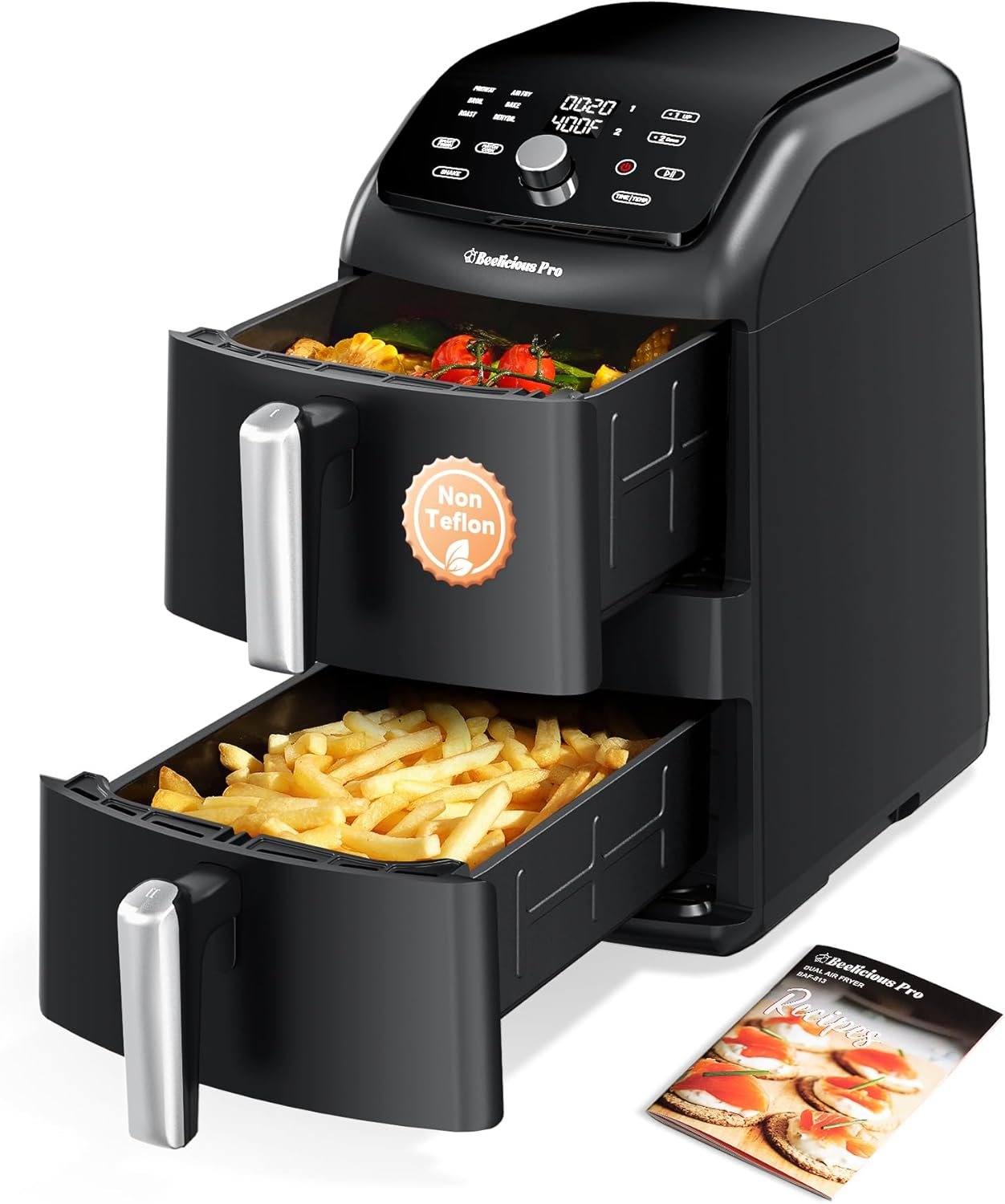 12QT Large Double Air Fryer, Family-Size Dual Airfryer with 2 Baskets, SyncHeat Even Heating, Stacked Compact Design, Smart Finish & Match Cook, PFAS-Free Nonstick, Dishwasher-Safe, Black