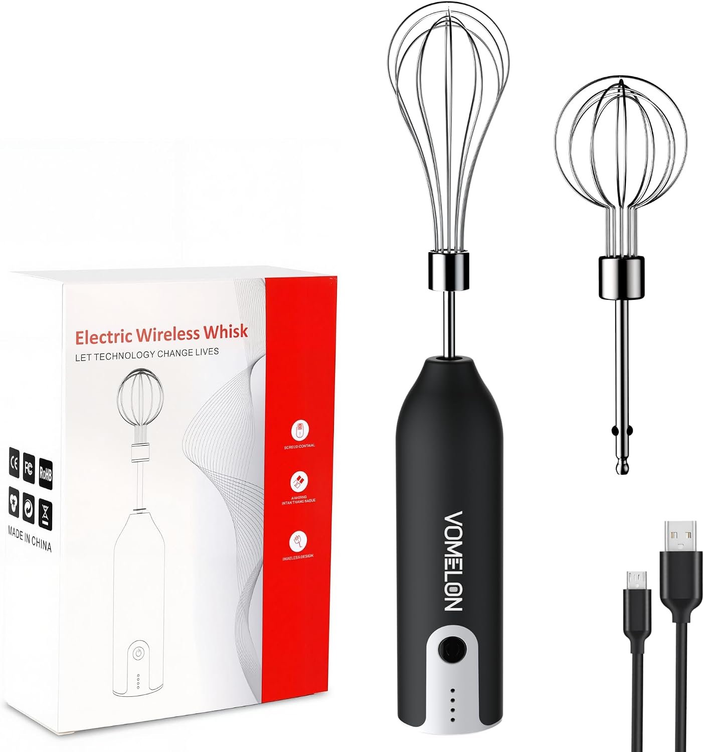 Electric Hand Mixer Whisk | Wireless Rechargeable Handheld Egg Beater with 2 Stainless Steel Mixing Heads | Portable Kitchen Hand Mixer for Egg, Milkshake Cream, Cake, Baking & Cooking-Black