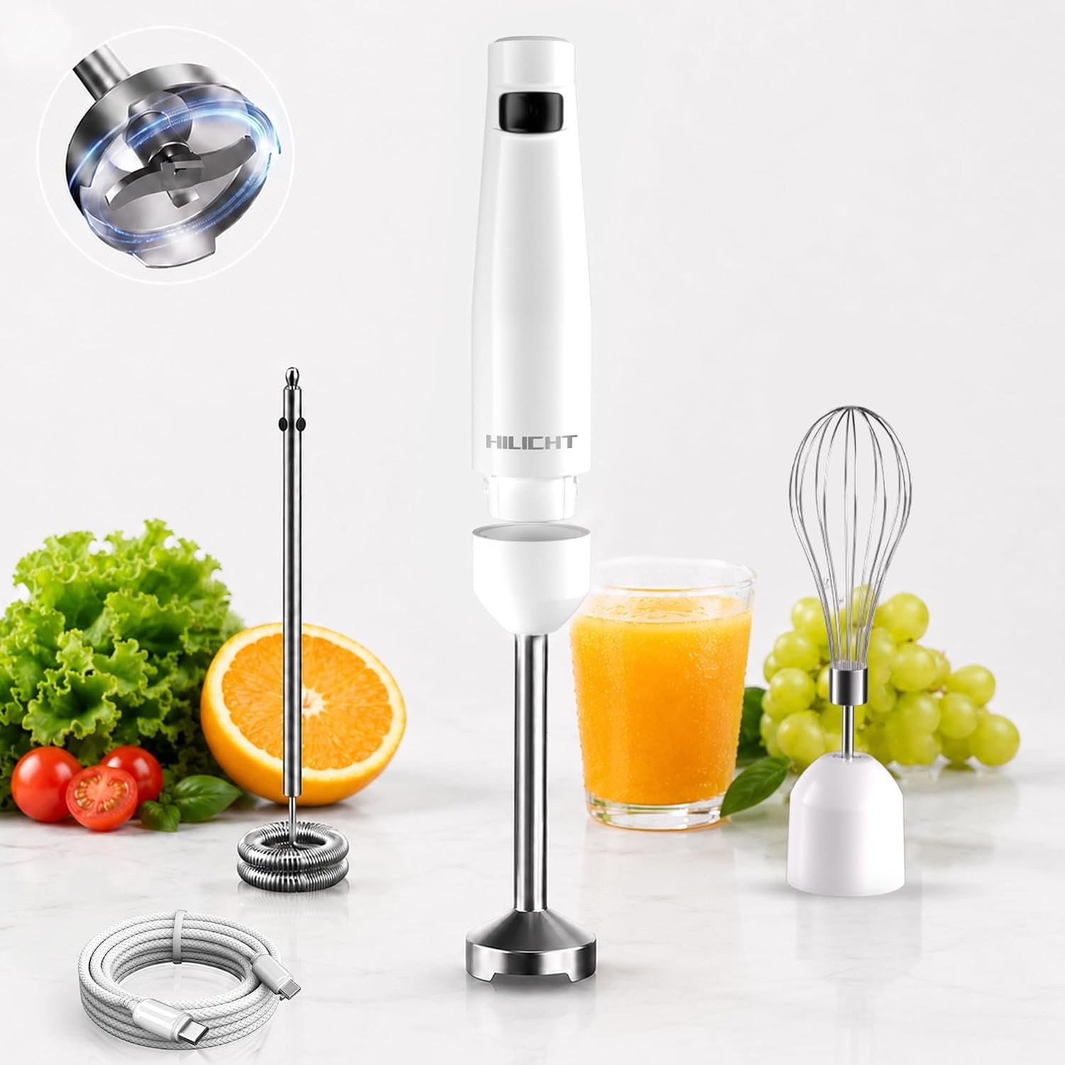 Cordless Hand Blender, 12V Rechargeable Immersion Blender with Brushless Motor, 60+ Bowls per Charge, 2-Blade, Auto Lock, Whisk & Frother for Soup, Smoothies, Baby Food