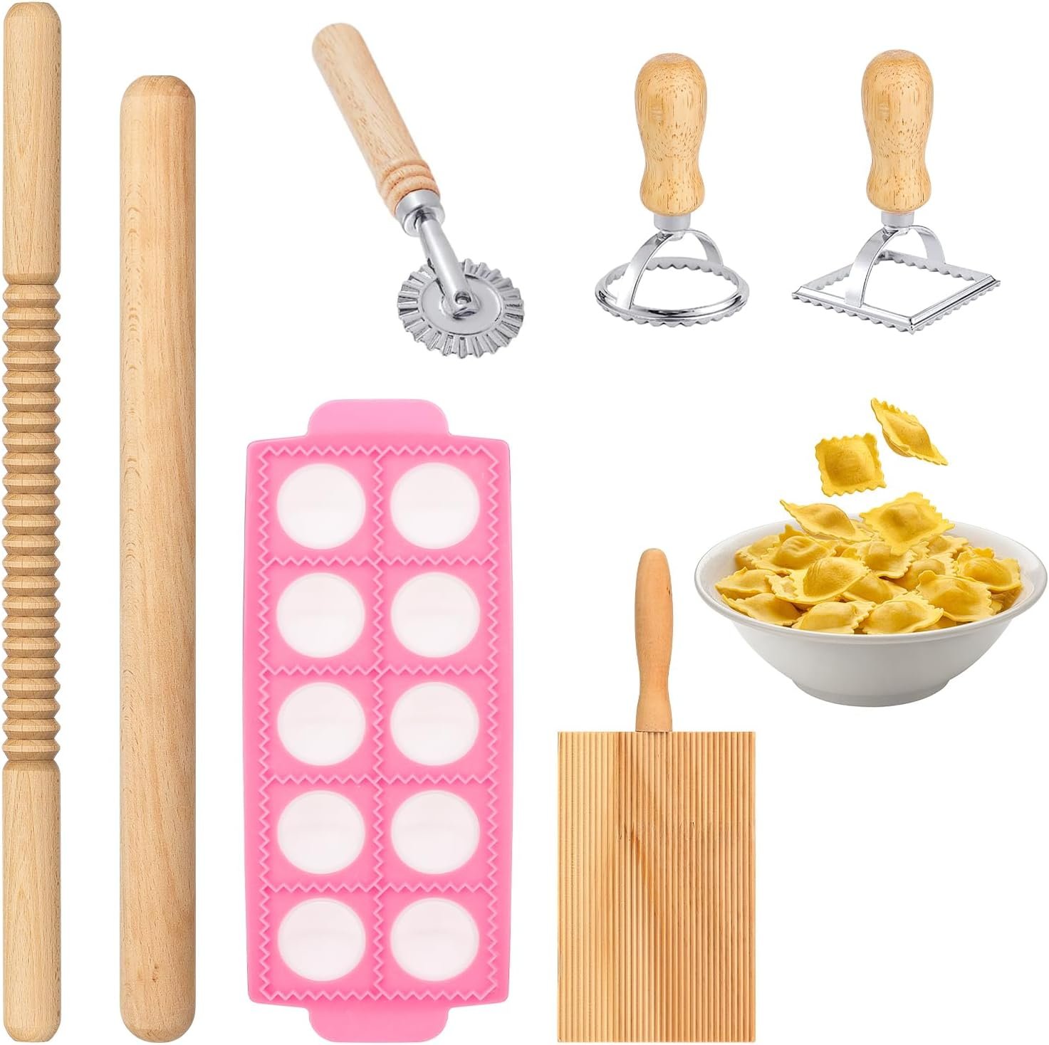 7PCS Pasta Maker Tool Set, Ravioli Mold Set, Ravioli Maker with Roller Wheel, Ravioli Cutter Set with Wooden Handle, Pasta Making Kit for Ravioli Press Mold Pasta Making Kit Accessories for Home (7)