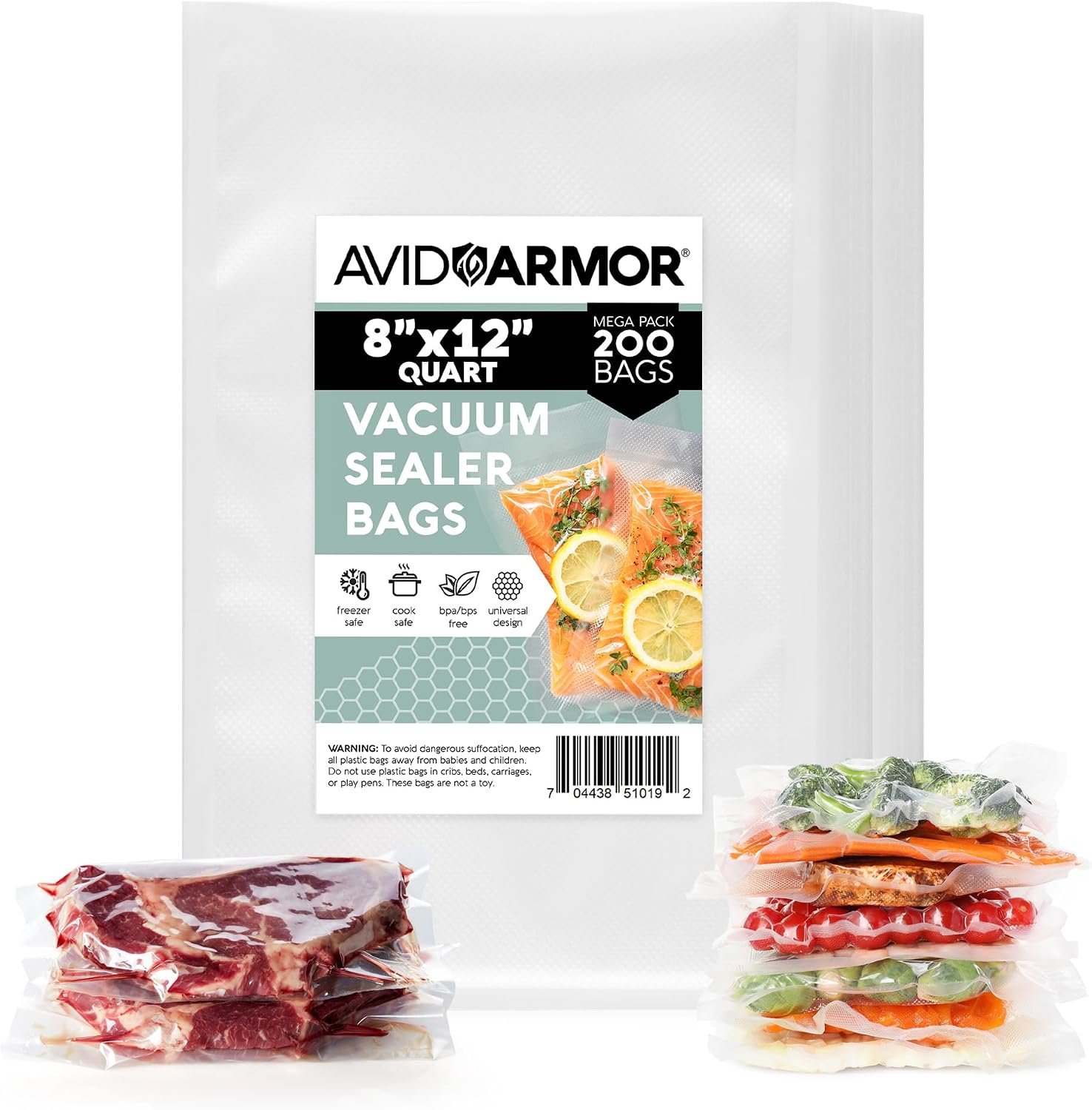 Avid Armor Vacuum Sealer Bags 200 Quart 8×12″ For Food Saver, Commercial Grade, BPA Free, Heavy Duty, Pre-cut, for Vac Storage, Meal Prep, Sous Vide, or Dehydrated Freeze Dried Foods