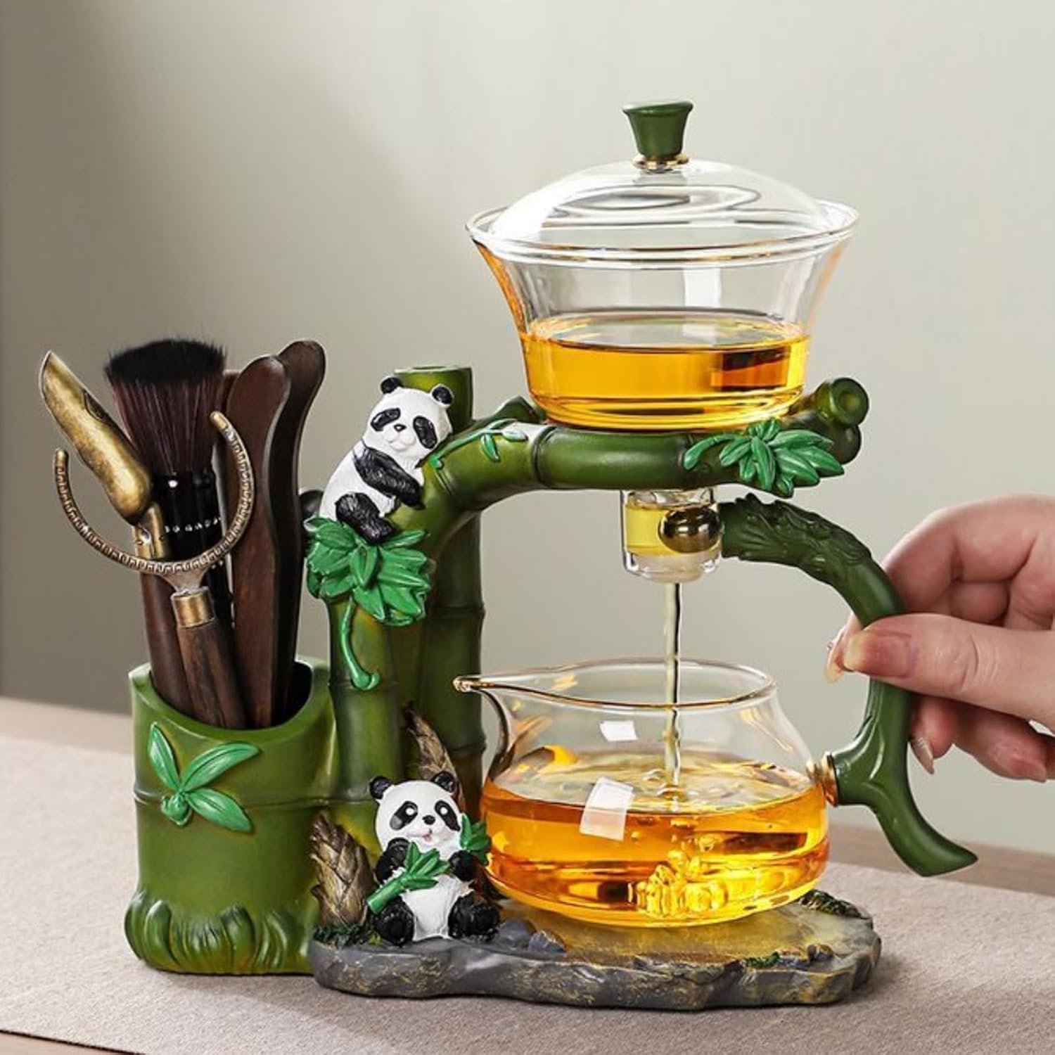 Tea Infuser Lazy Kungfu Magnetic TeaPot Semi-Automatic Drip Glass Teapots Panda Heat-Resistant Tea Maker Set(Iclude Six Gentlemen of Tea Set)