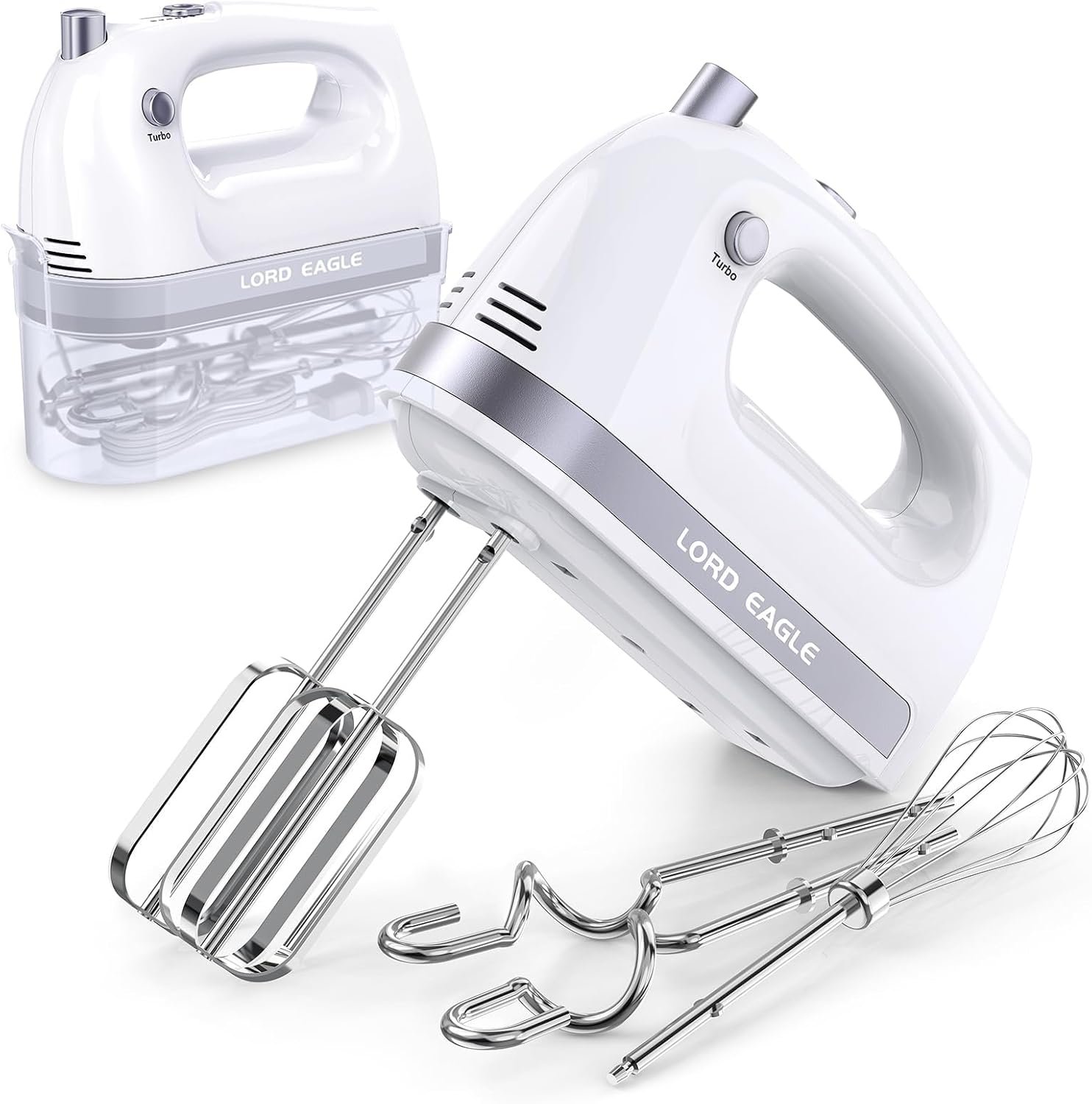 Lord Eagle Hand Mixer Electric Handheld 400W, 5-Speed Lightweight Kitchen Mixer with Storage Case, 5 Stainless Steel Attachments for Baking Cake Egg Cream Food Beater, Turbo+Eject Button