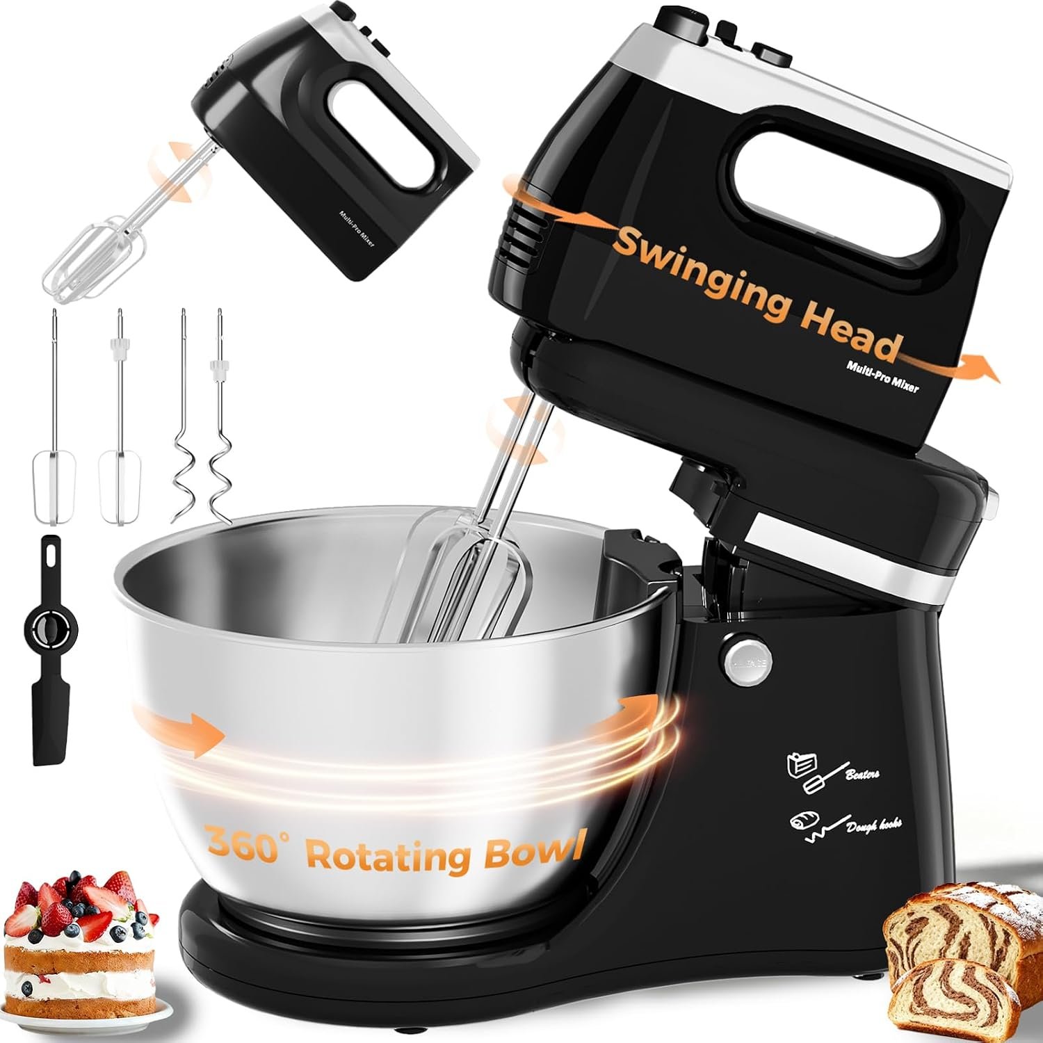 4.8QT 2-in-1 Stand Mixer, Electric Kitchen Mixer with Auto-Rotating Bowl & Tilt-Head, 5-Speed 250W Turbo Baking Machine for Beginners with Beater & Dough Hook for Cookie, Bread, Cake (Black)