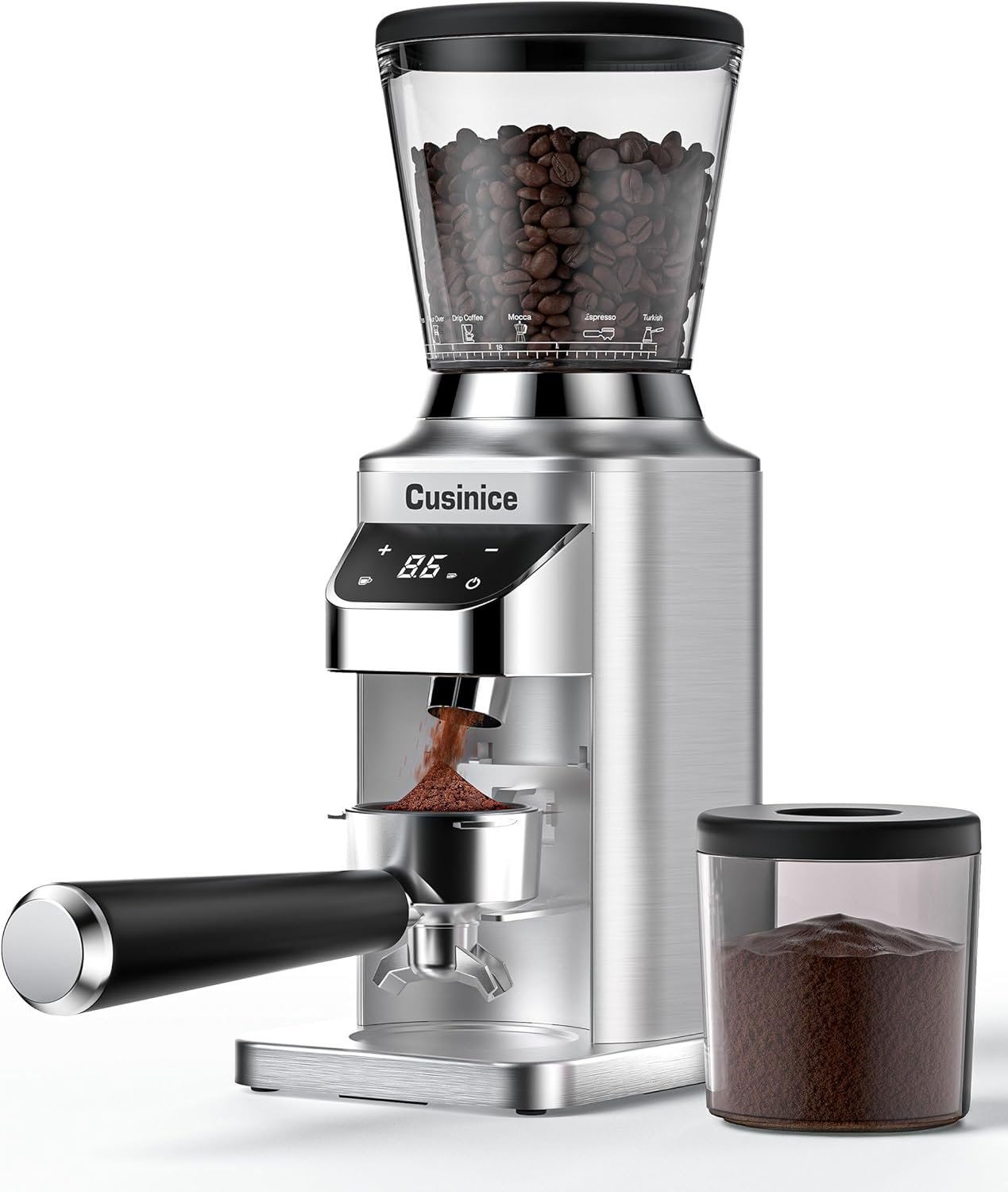 Conical Burr Coffee Grinder for Home Use, Anti-Static Espresso Grinder with 34 Grind Settings, 40mm Stainless Steel Burr, 0.1s Timer, Portafilter Holder, Touchscreen, Silver