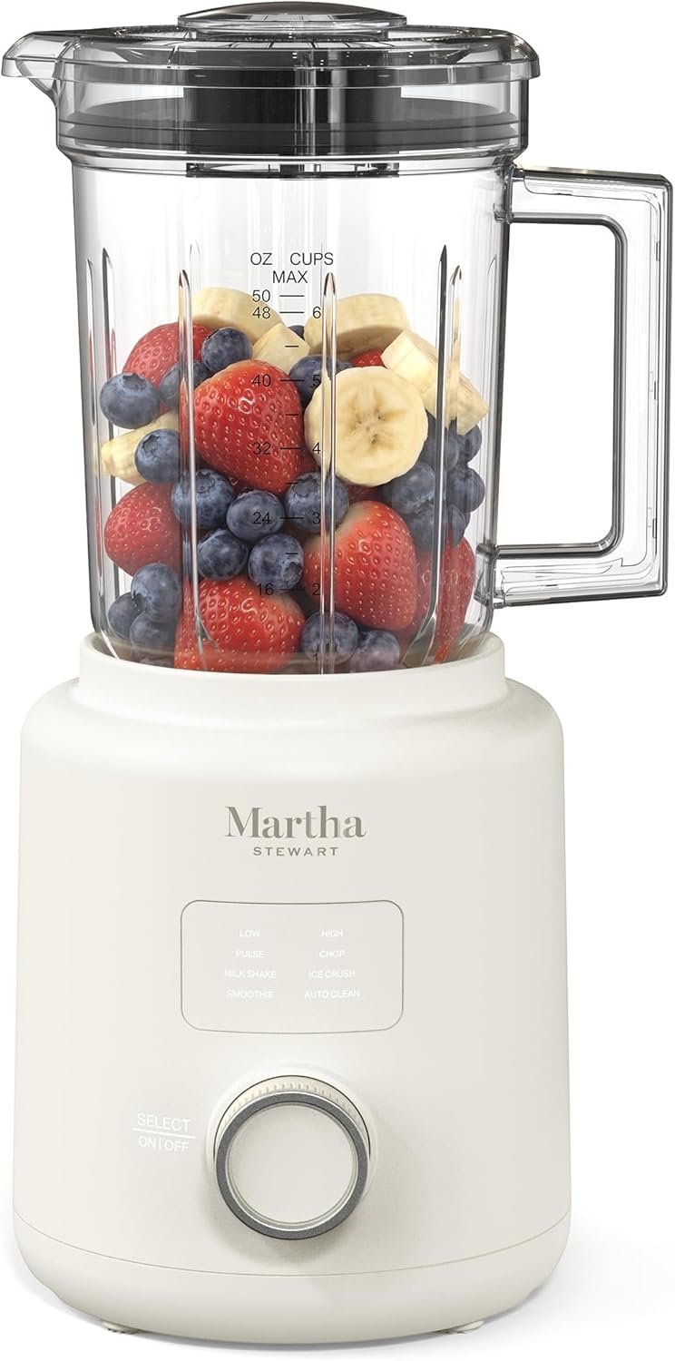 Martha Stewart 50oz Countertop Blender, Smoothie, Margarita & Ice Crushing Blender, BPA-Free Pitcher, 3 Speeds, 5 Presets, Auto-Clean Function, Dishwasher Safe, Stainless Steel Blades, Linen Cream