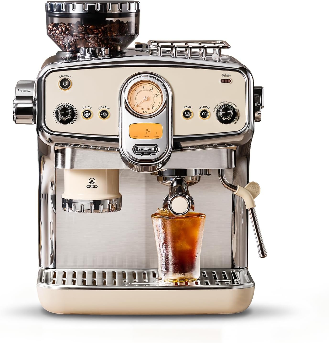 Espresso Machine with Grinder& Milk Frother | Instant Espresso-to-Cold Brew – Dual Pump | Auto Tamping & 58mm | 20Bar | PID | 35 Settings | 3-Hole Steam Wands | For Home & Café