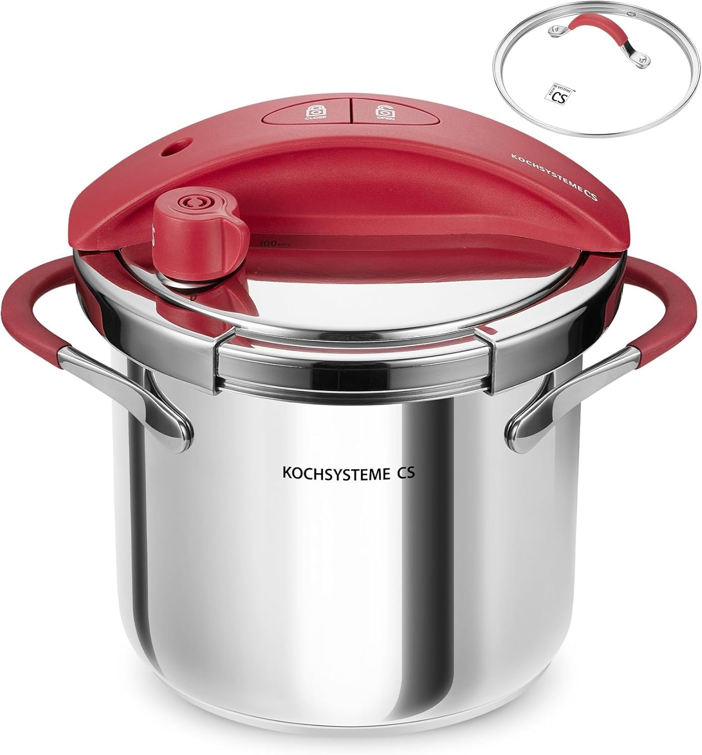 KOCH SYSTEME CS Stainless Steel Pressure Cooker 6 Quart, Olla de Presion, 18/10 Stainless steel Pressure Cooker with Glass Lid, One-Hand Locking, Stovetop Pressure Pot, Induction Pressure Cooker, 6QT