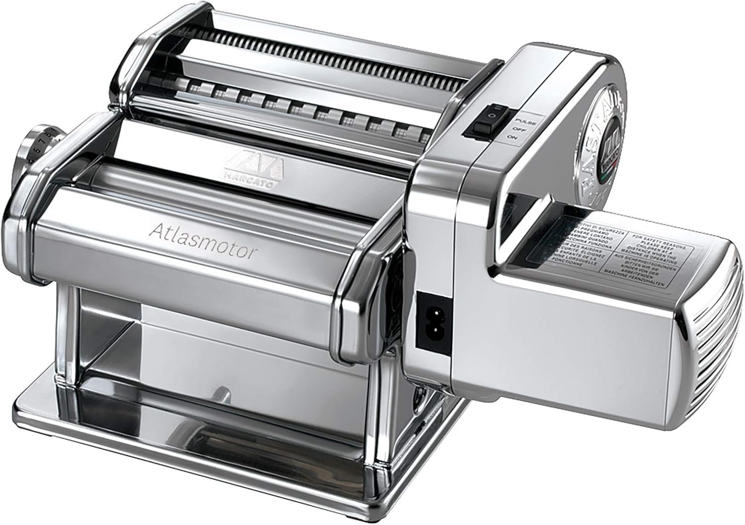 MARCATO Made in Italy Atlasmotor 110V Electric Pasta Machine, Chrome Steel. Set includes Atlas 150, handcrank, clamp, Pastadrive motor, and instruction manual