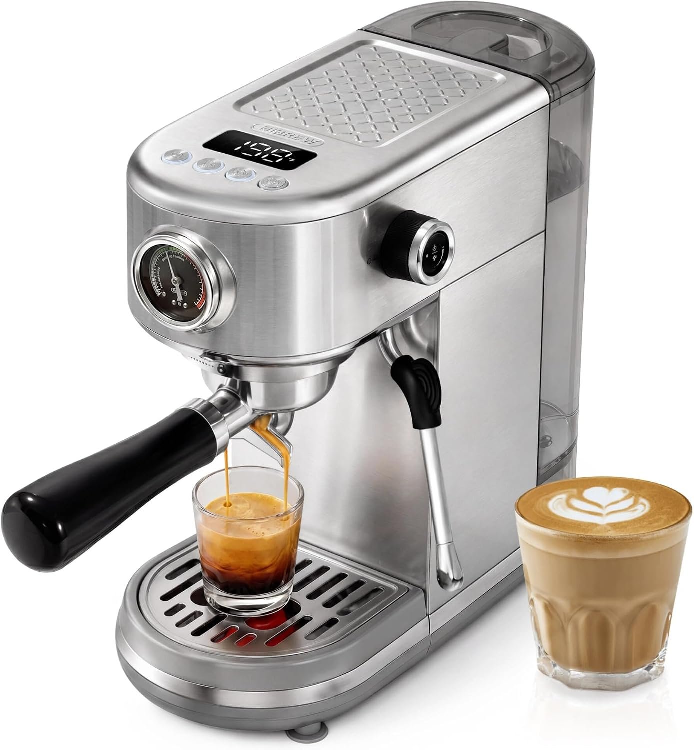 HIBREW H10B Programmable Espresso Machine with LED Display & Pressure Gauge | 20 Bar Compact Stainless Steel Coffee Maker with Milk Frother, 51mm Portafilter for Cappuccino Latte