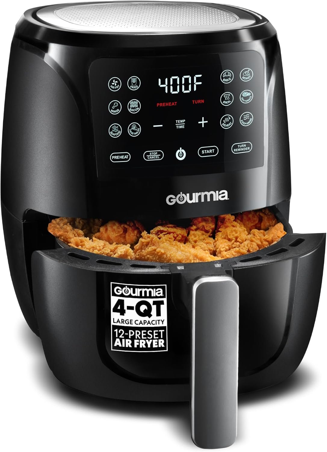 Gourmia Air Fryer – 4 Qt Capacity, FryForce360º, Digital Display with 8 Presets, Roast, Bake, Broil, Dehydrate, Dishwasher Safe Accessories, Compact, Black