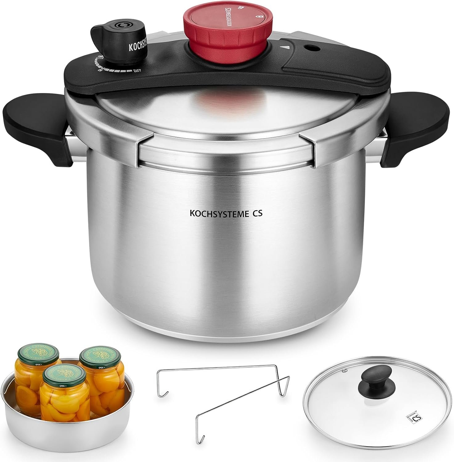 KOCH SYSTEME CS Stainless Steel Pressure Cooker 6.3 Quart, 3-in-1 Olla de Presion, Easy One-Hand Lock, 18/10 Stainless Steel, Stovetop Presssure Cooker, Induction Compatible, with Glass Lid & Steamer