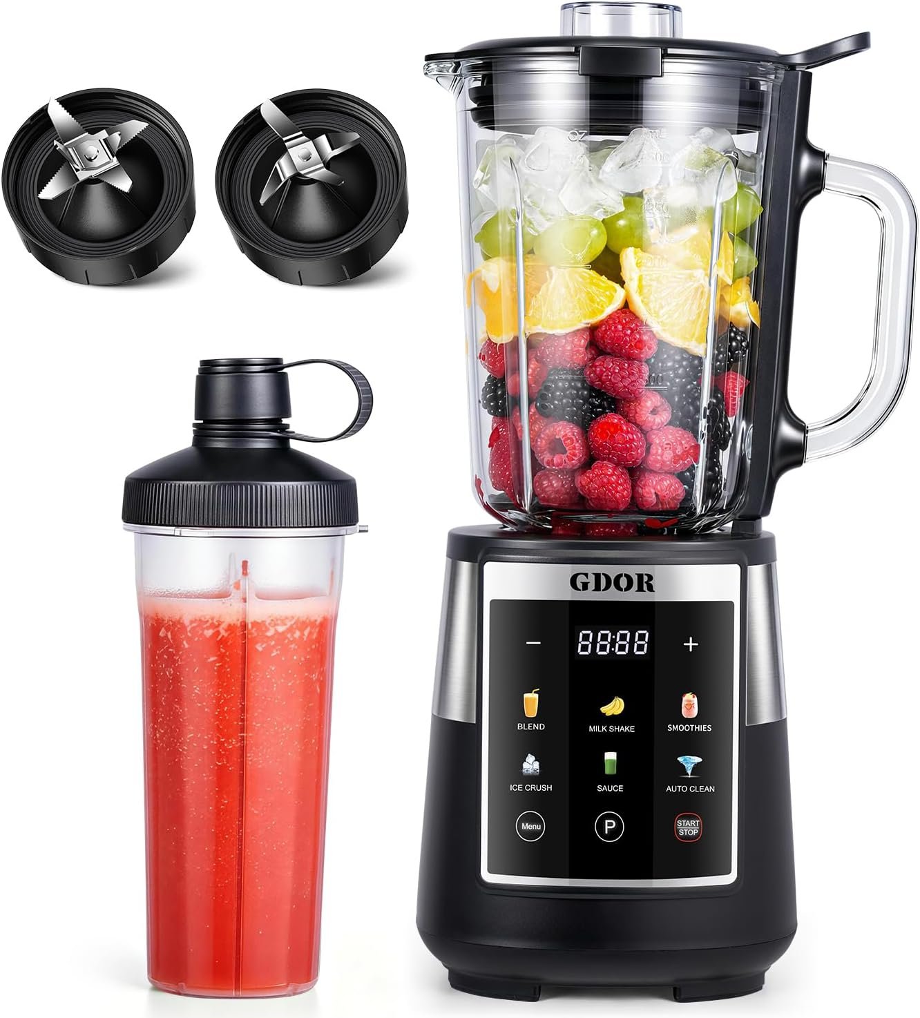 GDOR Professional Blender with 6 Preset Programs, 1300W Smoothie Blender for Ice Crushing & Frozen Fruit, 67 Oz Glass Pitcher & 22 Oz To-Go Cup Combo, Smart Smoothie Maker, Self-Cleaning
