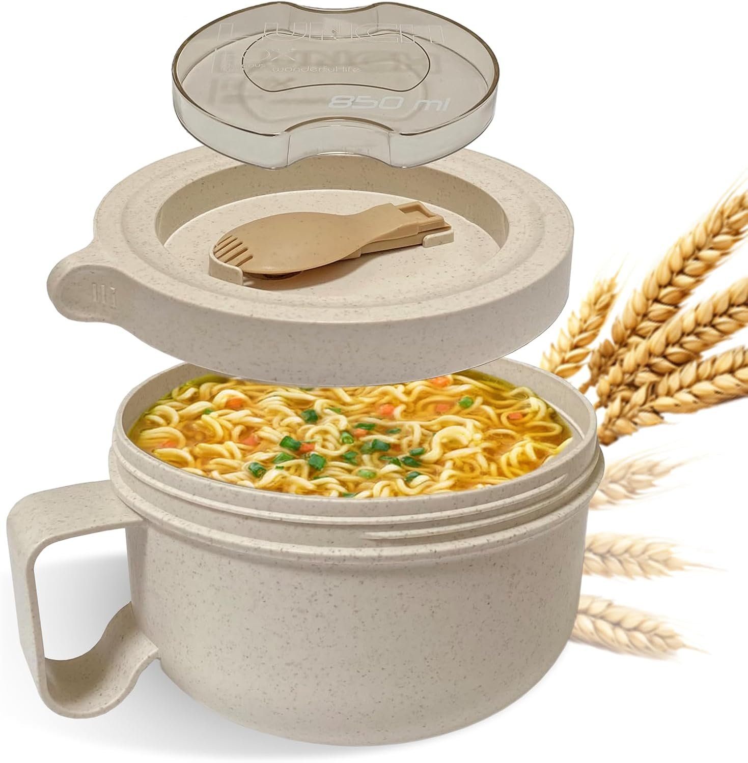 Souper Duper Ramen Bowl Set with Utensil • Heat & Eat Noodles in the Same Soup Bowl • Meal Prep Containers with Lids • Lunch Containers • Microwave, Freezer, Dishwasher Safe (Beige)