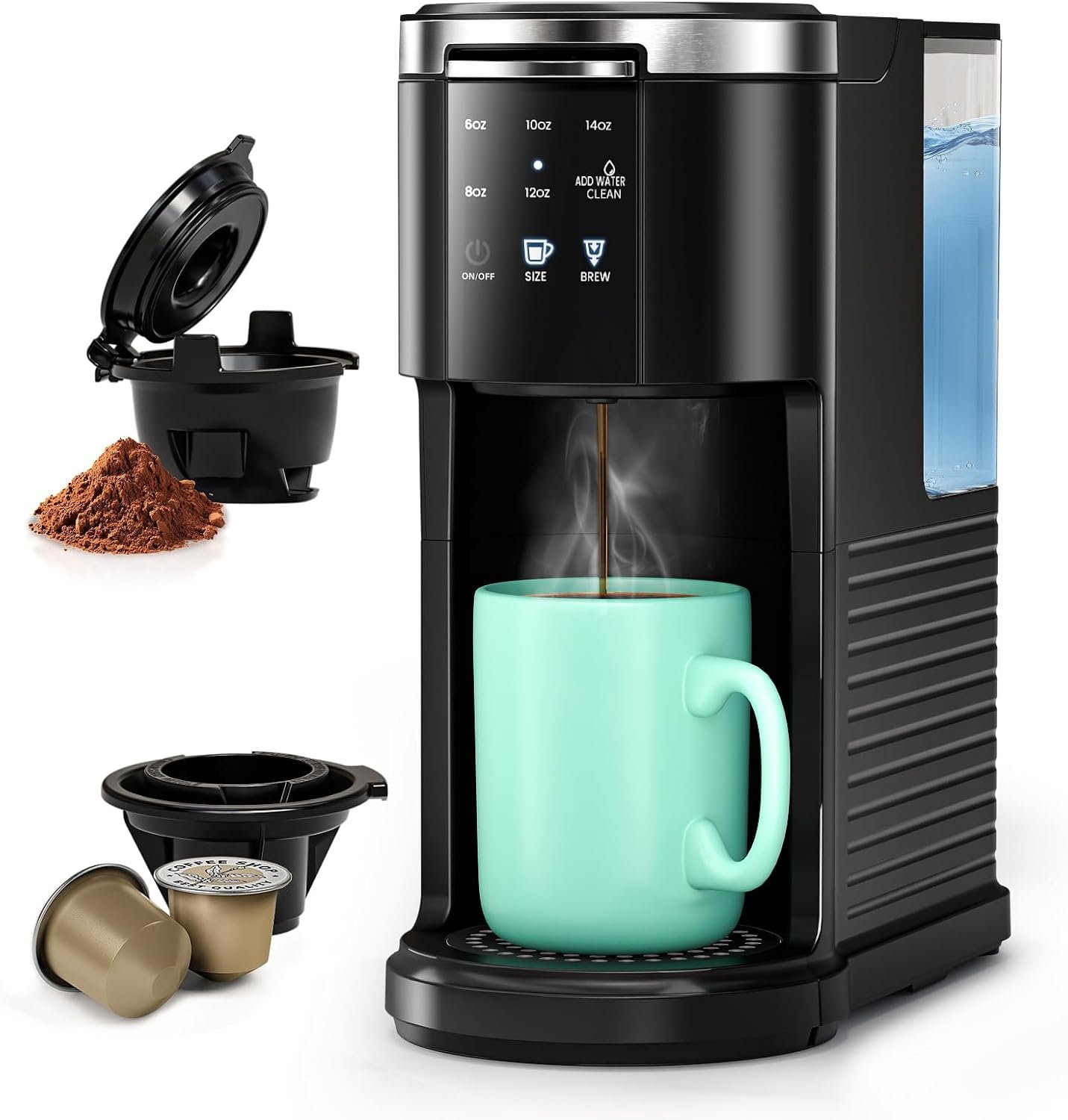 WAA Single Serve Coffee Maker, Fast Coffee Brewer for Capsule and Ground Coffee, Small Coffee Machine with 6 to 14 oz Brew Sizes and 40 oz Removable Water Tank for Home, Office, Travel and RV, Black