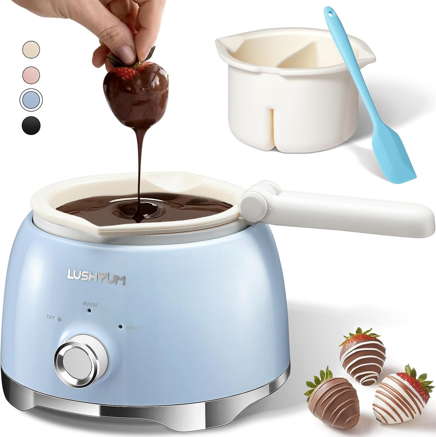 LUSHYUM Electric Chocolate Melting Pot with 2 Insert Pots, 4-Cup Chocolate | Even Heating & Fast Melting, BPA-Free Silicone, Easy Clean, Less Waste, Ideal for Chocolate & Candy Melts, Parties, Fondue