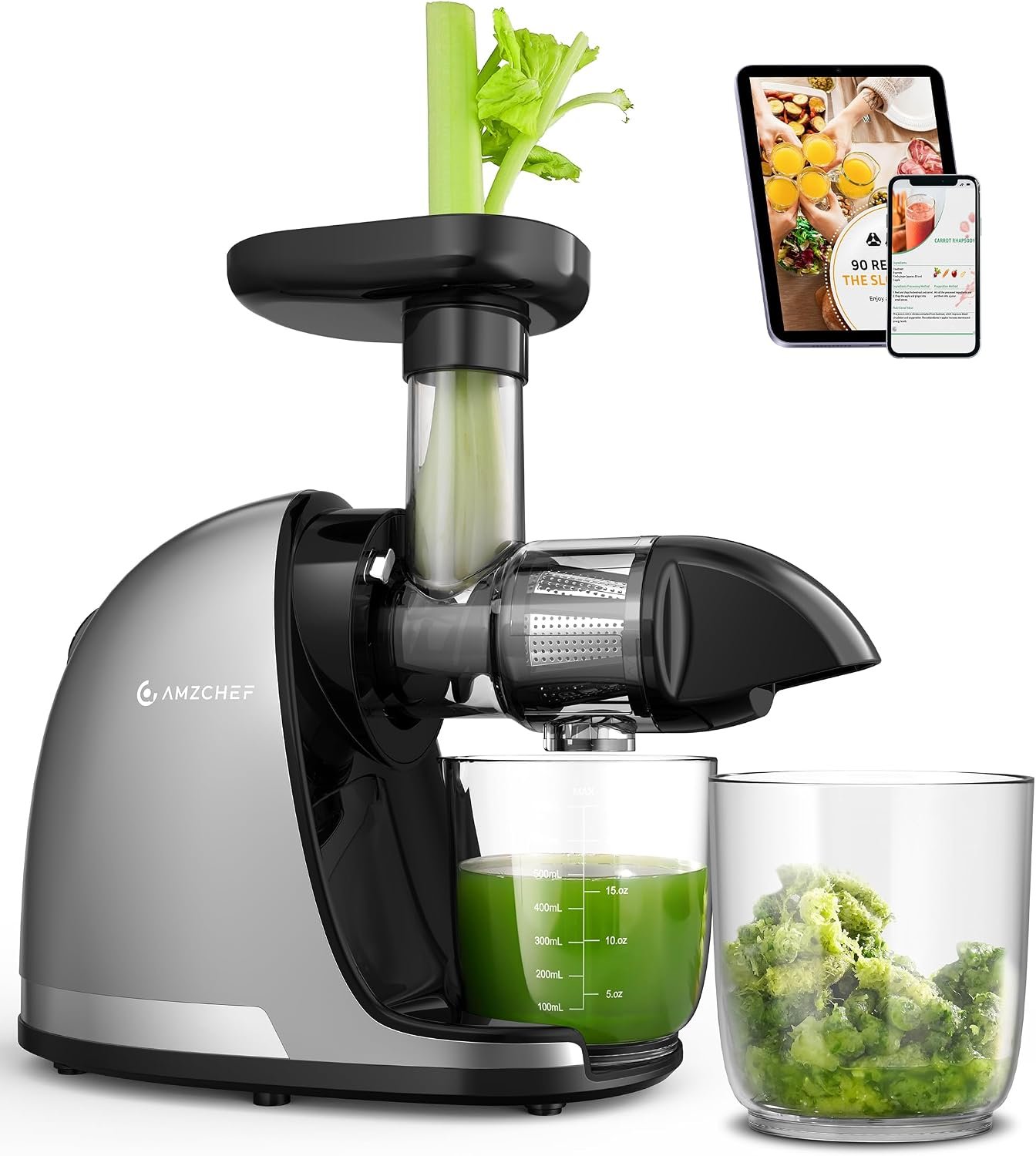 AMZCHEF Cold Press Masticating Juicer Machine – 90% Yield Reverse System, Quiet Motor for Home & Breakfast, 3-Step Clean with Brush, Includes 50+ Juice Recipes, Silver Grey