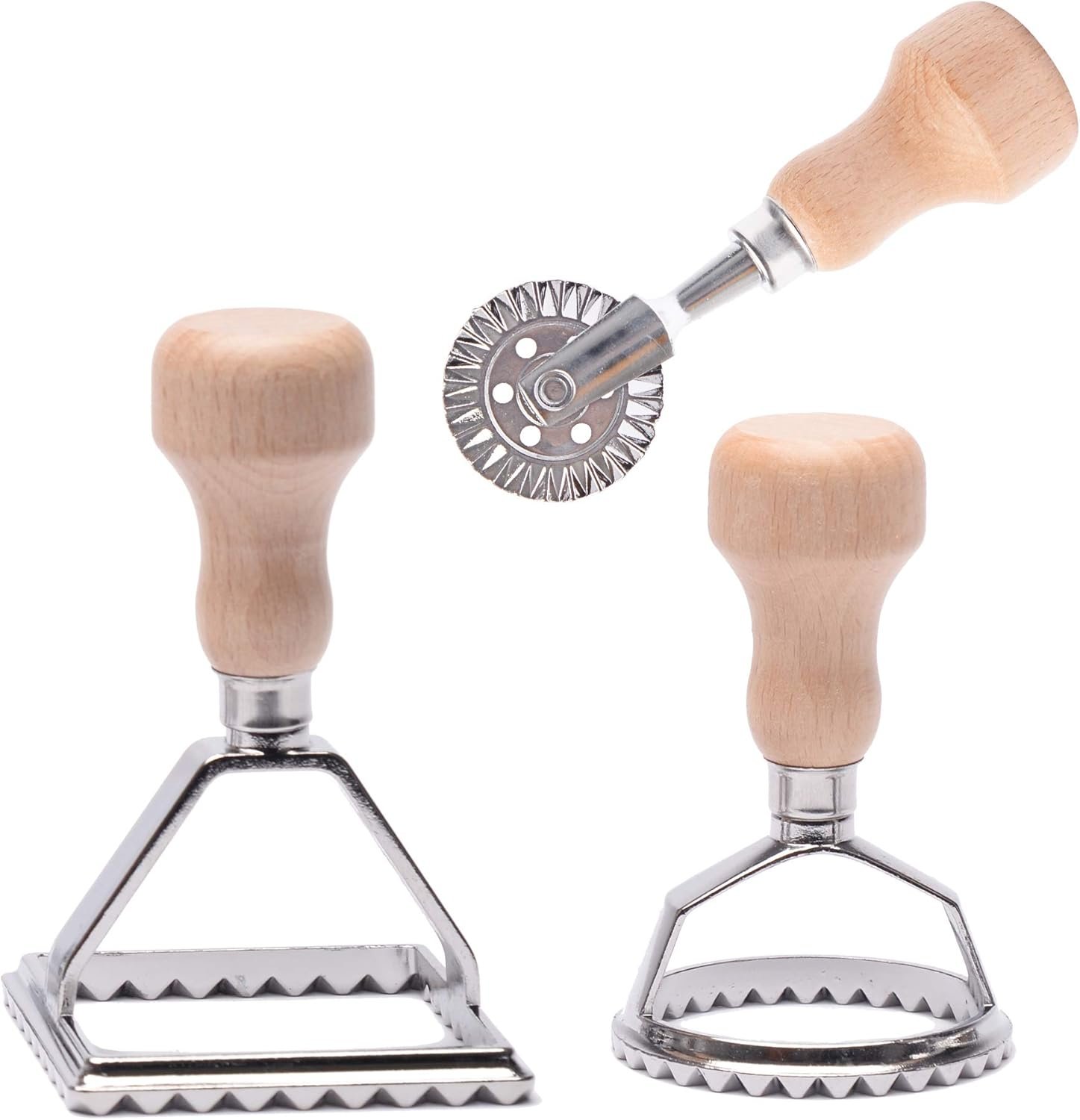 Ravioli Stamp Maker Cutter with Roller Wheel Set, Mold with Wooden Handle and Fluted Edge, Pasta Press Kitchen Attachment (MF-146)