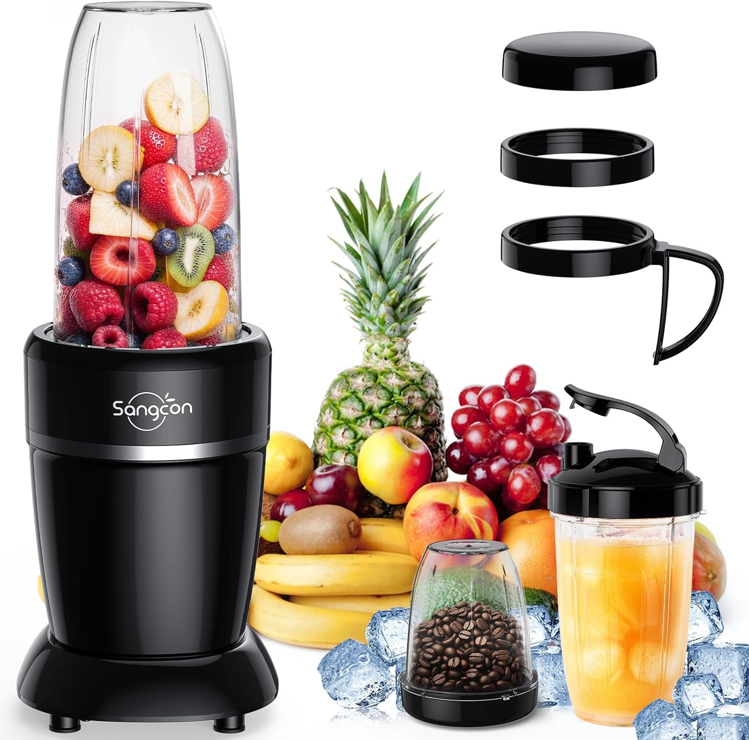 Sangcon 1000W Personal Smoothie Blender, Protein Shakes, Home & Gym, Black | 37/32/22 oz BPA-Free To-Go Cups with 6-Leaf Blade: Frozen Fruit, Ice Crushing, Baby Food, Sauces, Dips, Coffee, Nuts, Spices