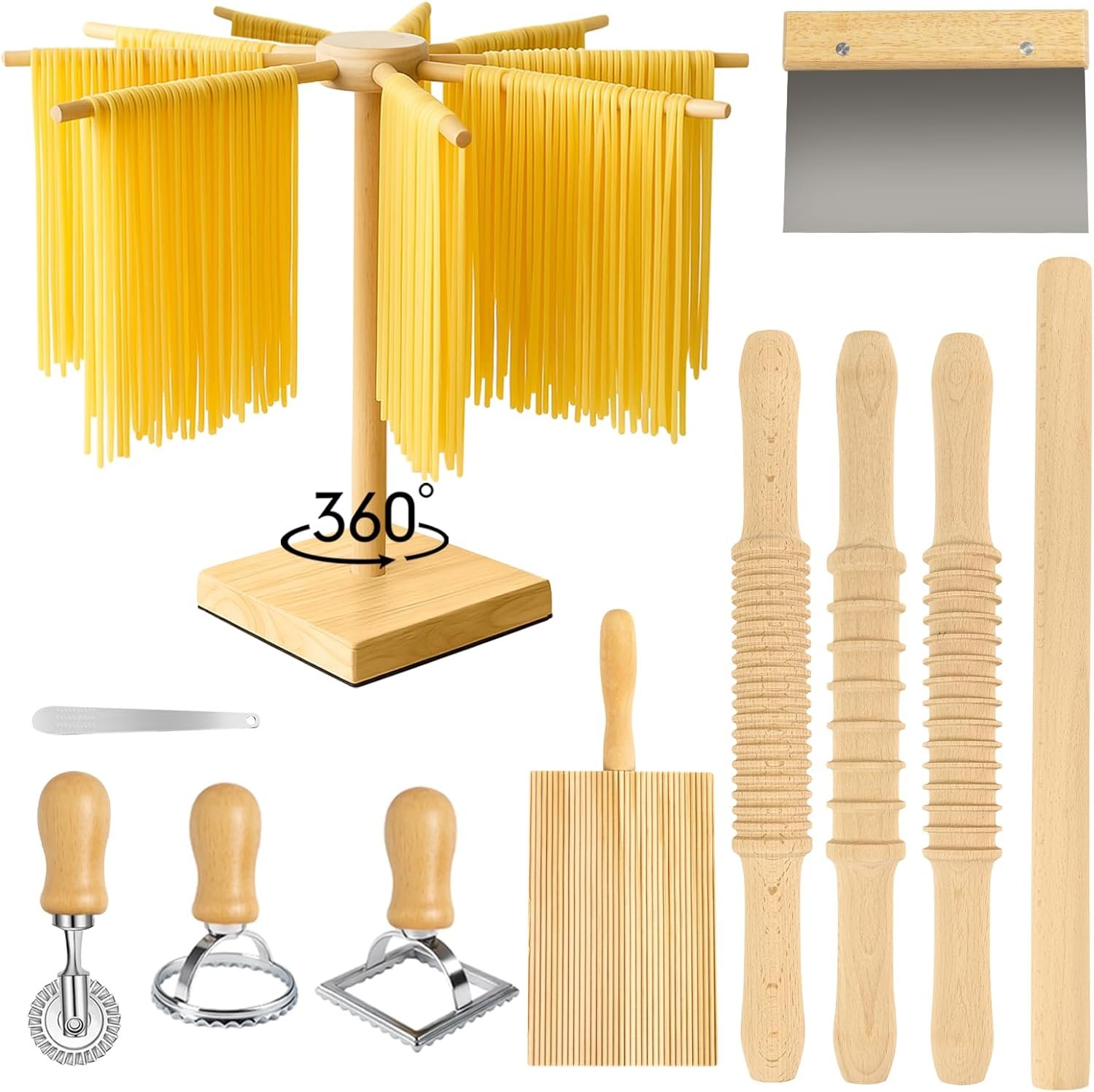 3 Size Pasta Making Tools, 11Pcs Wooden Pasta Making Kit with 3 Size Threaded Rolling Pins, Long Rolling Pin, Rotatable Pasta Drying Rack, Gnocchi Board, Dough Cutter, Wheel Cutter, 2 Stamps