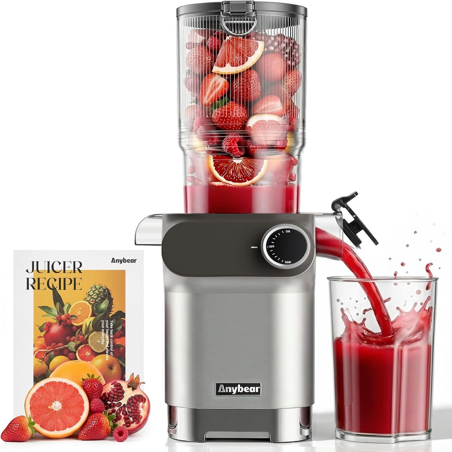 Anybear Cold Press Juicer 200W Masticating Slow Juicer 4.3″ Large Feed Chute Fit Whole Fruits Vegetables | Upgraded Auger | Tritan Material | BPA Free | Juice Recipes (Silver Gray)