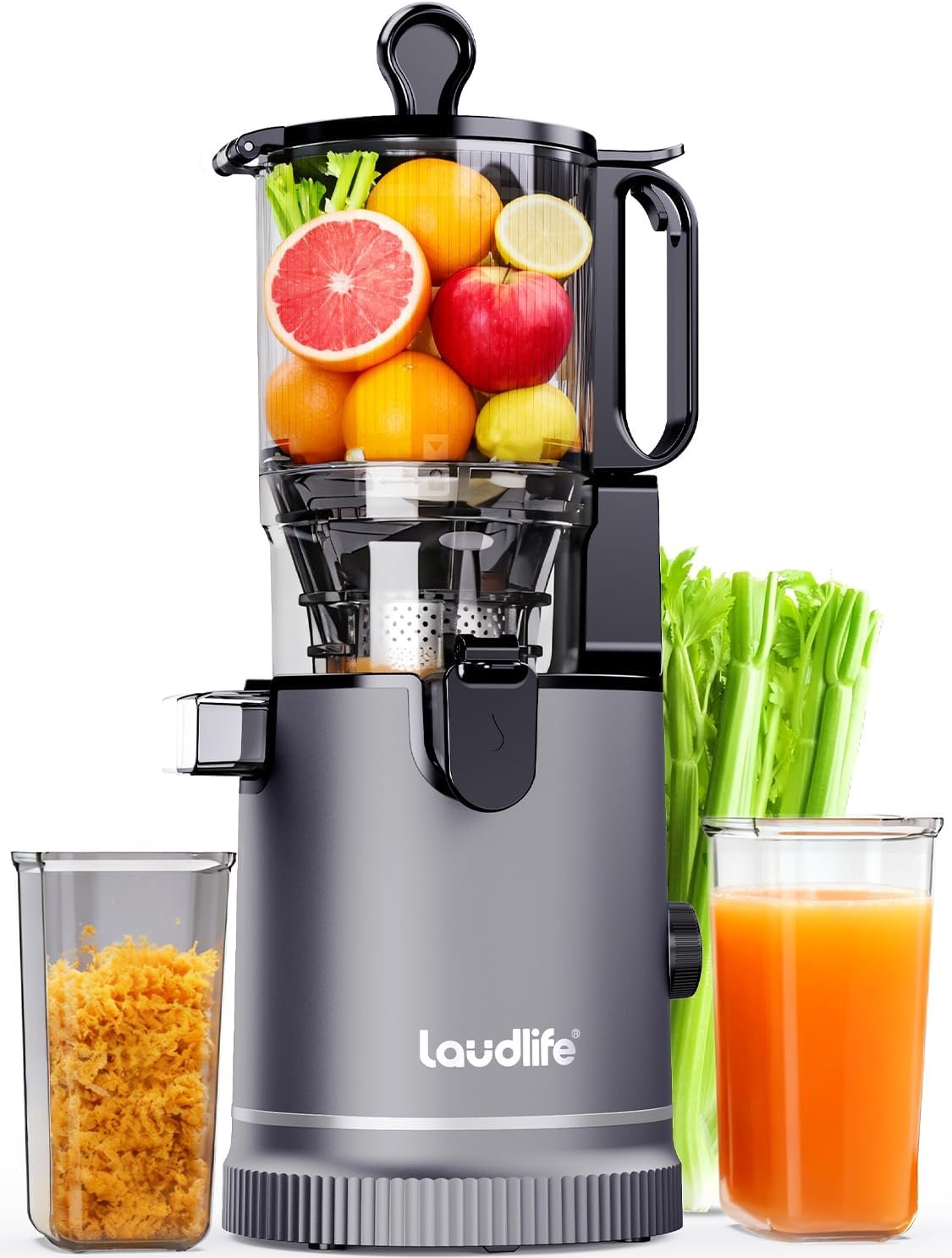 Laudlife Cold Press Juicer with 5.9″ Wide Feed Chute, Integrated 100oz Capacity Hopper & Strainer Design, Easy Clean & BPA Free, Slow Masticating Juicer Machines for Whole Fruits Vegetables