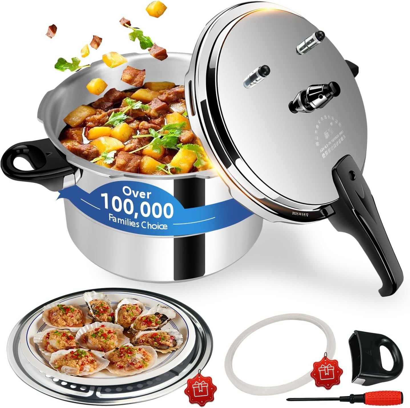 6.34 Quart Heavy Gauge Aluminum Stovetop Pressure Cooker, Triple Safety Lock System Durable Cooking Pot for Small Family Beans, Works Perfectly on Induction, Gas and Electric Stoves