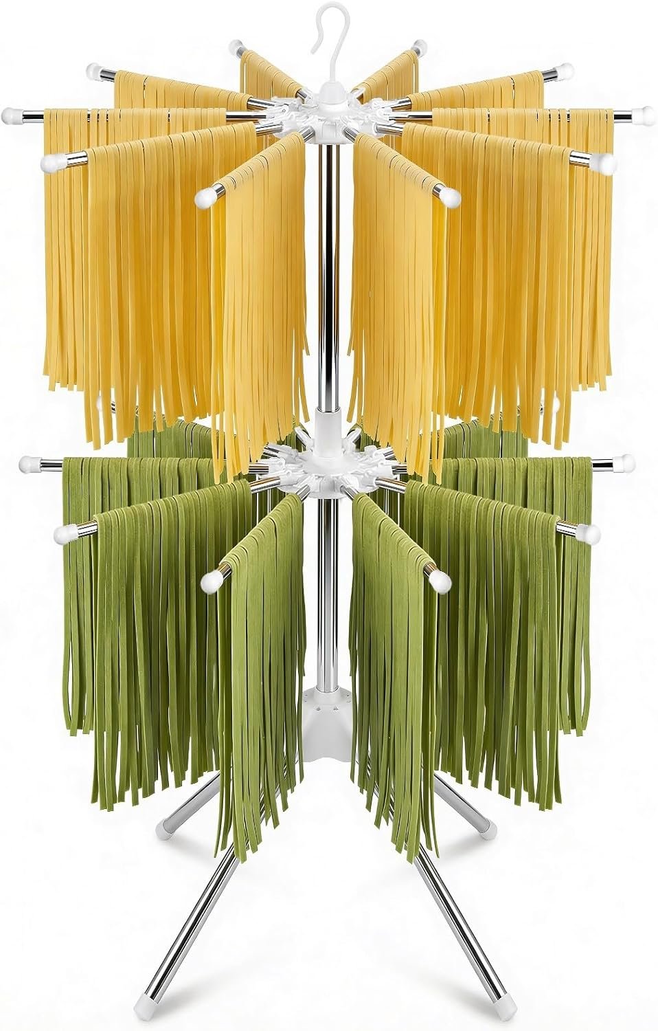 Pasta Drying Rack, 20-Rod Double Layer Large Capacity Pasta Dryer, 304 Stainless Steel 360° Rotating Foldable Noodle Stand for Homemade Spaghetti, Fettuccine, Family Pasta Night