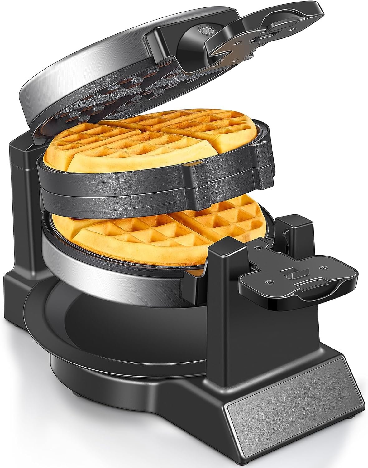 Double Belgian Waffle Maker with Rotating Design, 1400W Flip Waffle Iron, Nonstick Plates, Removable Drip Tray, Cool-Touch Handle, Indicator Lights for Homemade Breakfast