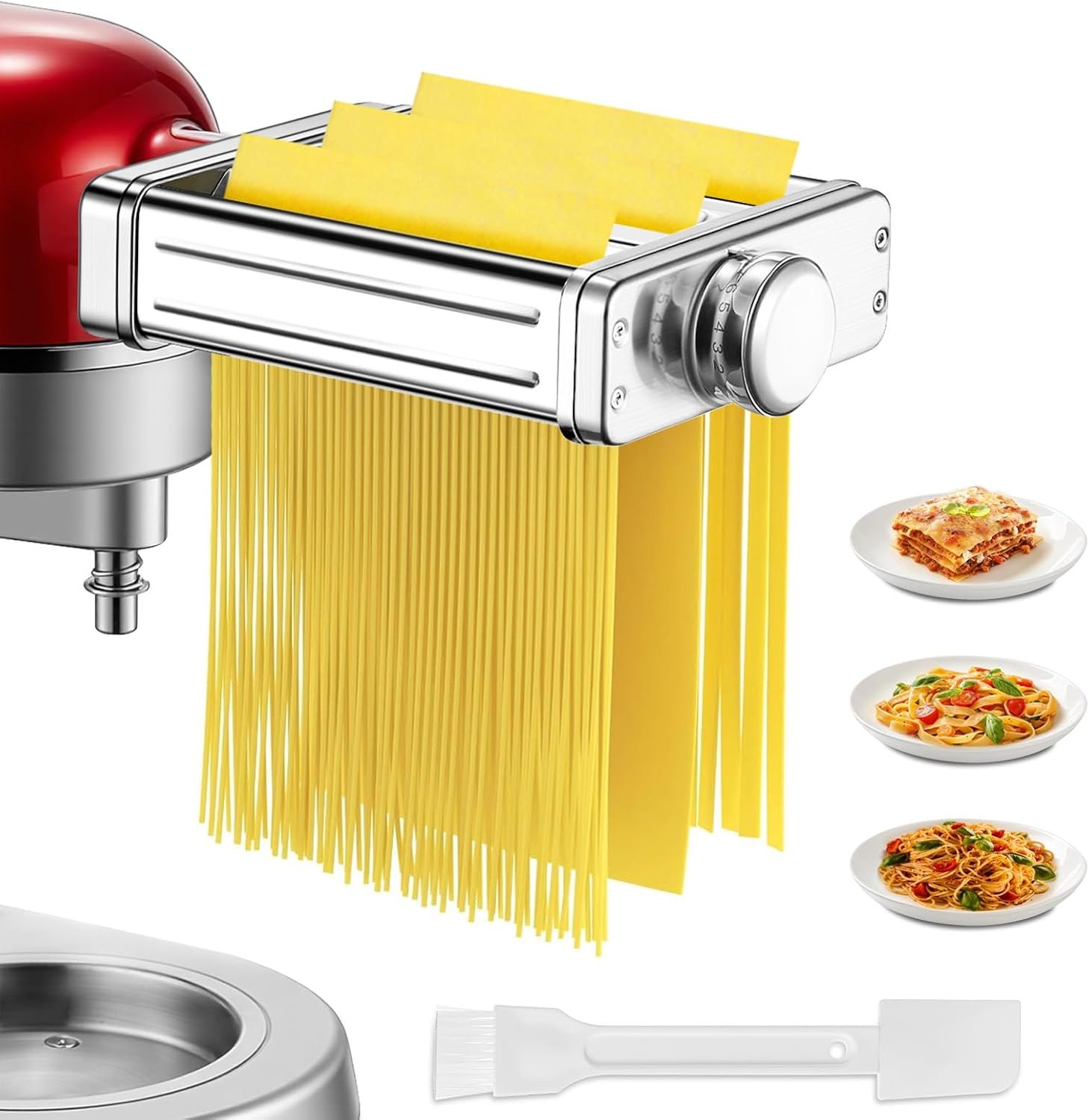 FOHERE 3 in 1 Pasta Attachment for KitchenAid Stand Mixer, Premium Stainless Steel Pasta Maker with Roller, Spaghetti & Fettuccine Cutters, 8 Adjustable Thickness Settings, with Cleaning Brush