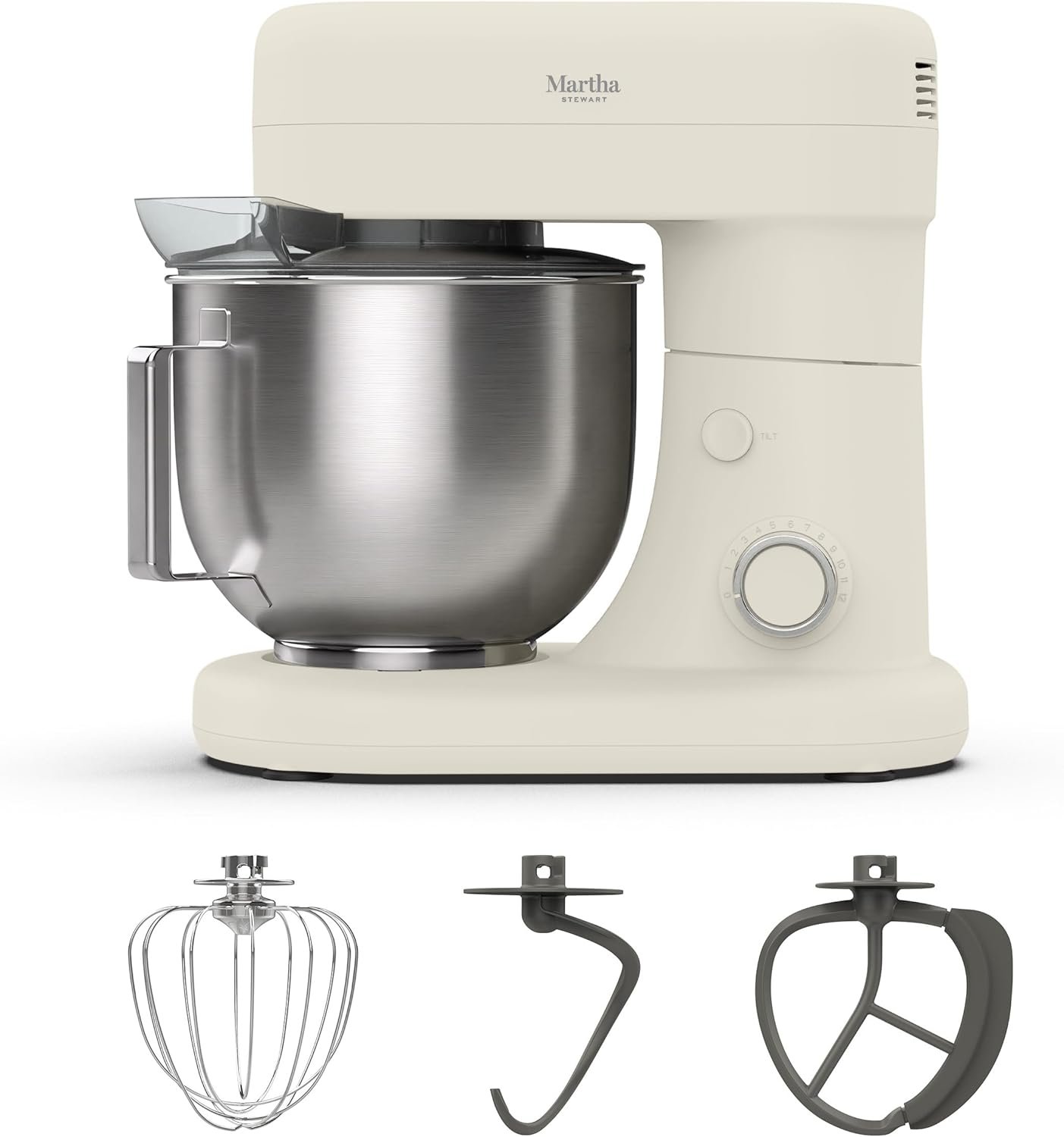Martha Stewart 5.3Qt Stand Mixer, 12-Speed Tilt-Head Electric Kitchen Mixer with Stainless Steel Bowl, Dough Hook, Whisk & Beater, Splash Guard, Ideal for Baking Bread, Cake & Whipping, Linen Cream